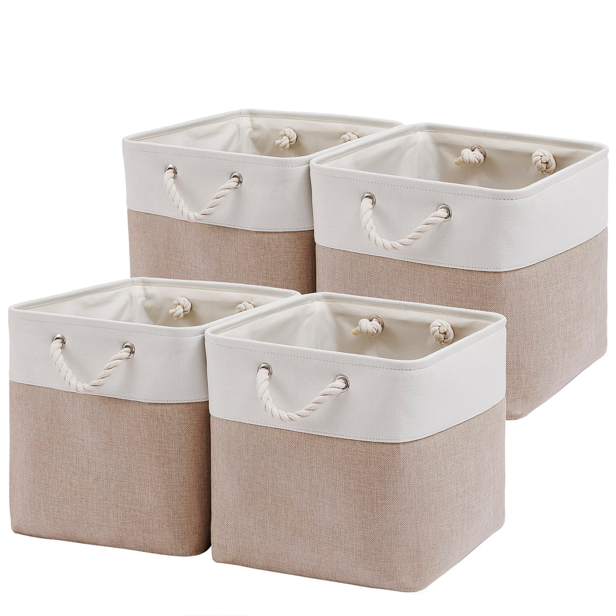 MidmmVick 12 x 12 Inch Cube Storage Bins, 6 Pack Large Collapsible Fabric Storage Bin with Ropes, Foldable Storage Cubes for Home, Office,Closet, Clothes, Toys Organizer (White & Beige)