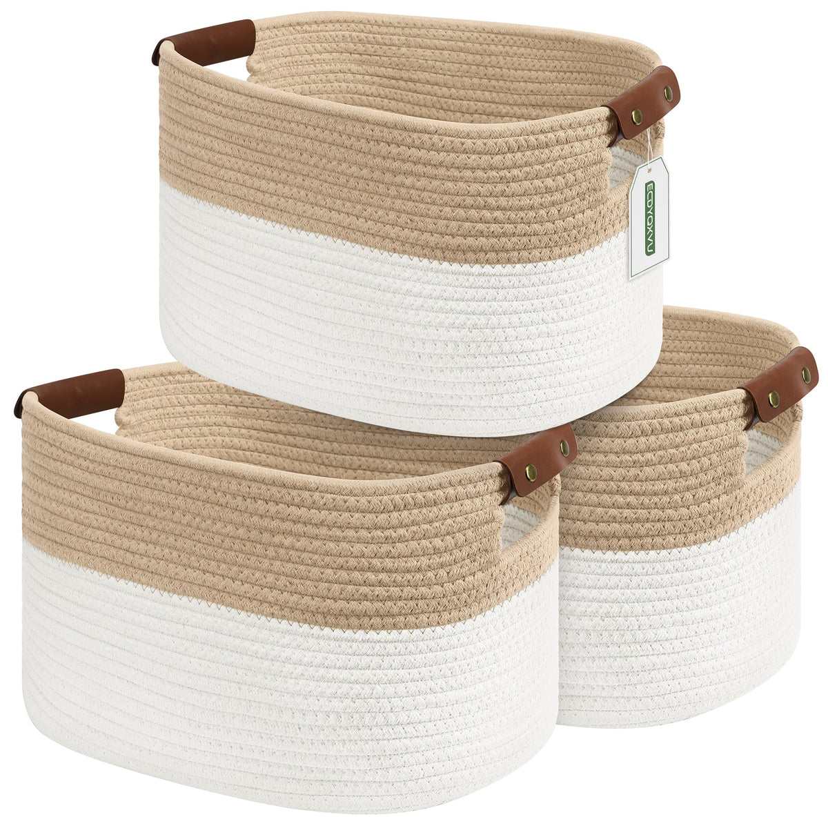 ECDYQXVU 15x10x9 Woven Cotton Rope Storage Basket, Leather Handles 1 Pack