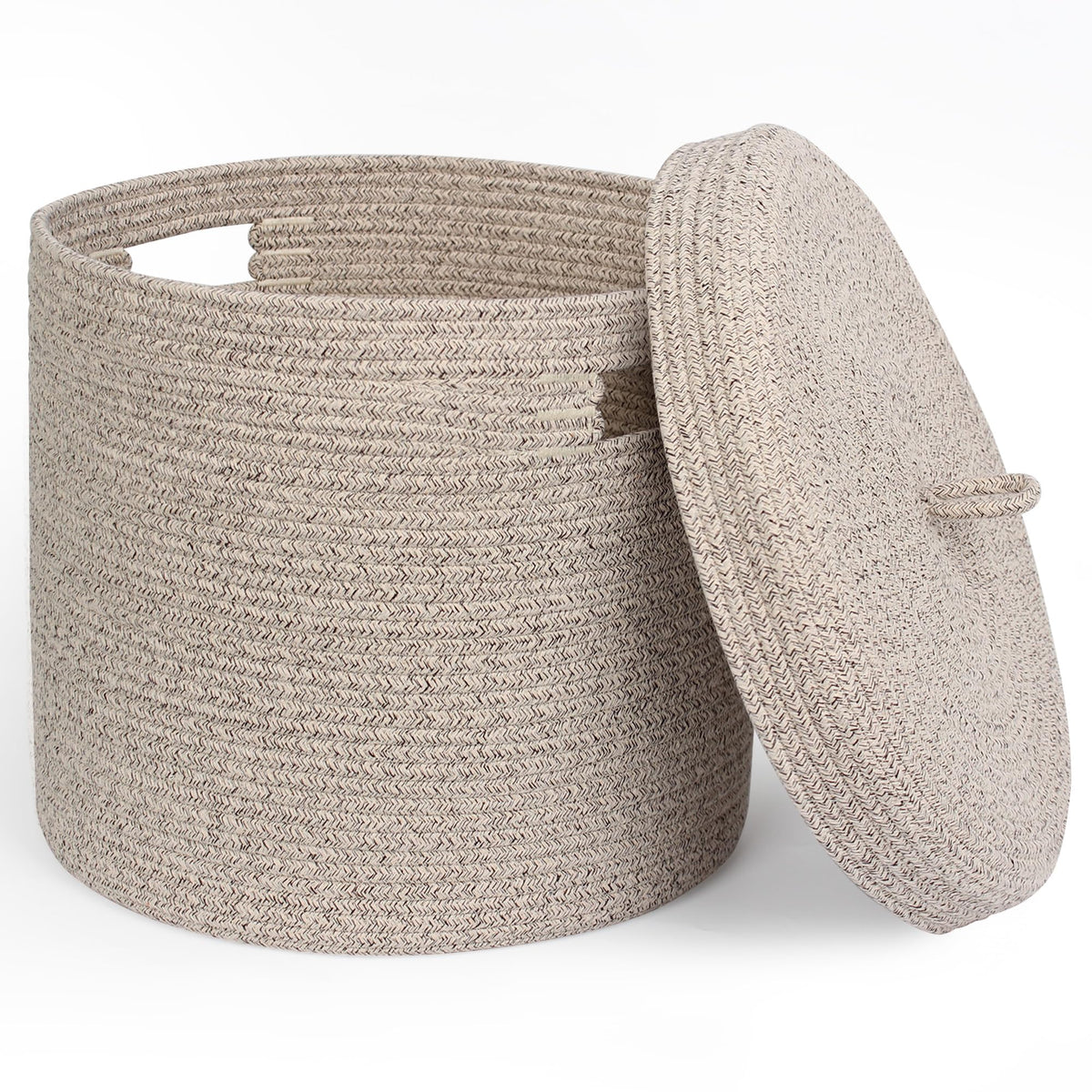 Storage Basket with Lid, Woven Blanket Storage for Living Room, Soft Cotton Rope Bin with Lid, Round Wicker Laundry Basket with Cover, Lidded Kids Dog Toy Bin, Nursery Organizer, 15" x 13"