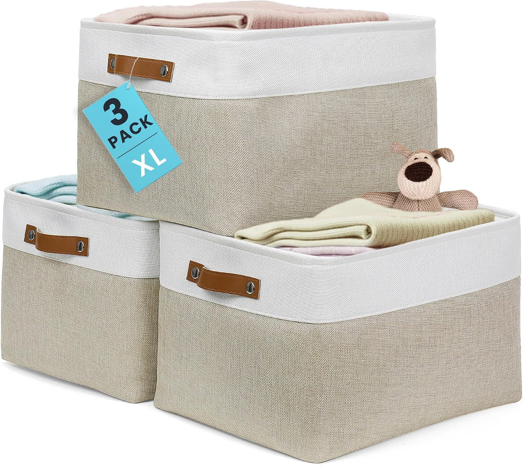 OrganiHaus 16x12.5in Storage Baskets, 3 Pack - Fabric Bins for Shelves