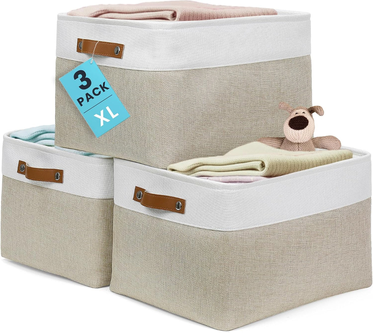 OrganiHaus 16x12.5in Storage Baskets, 3 Pack - Fabric Bins for Shelves