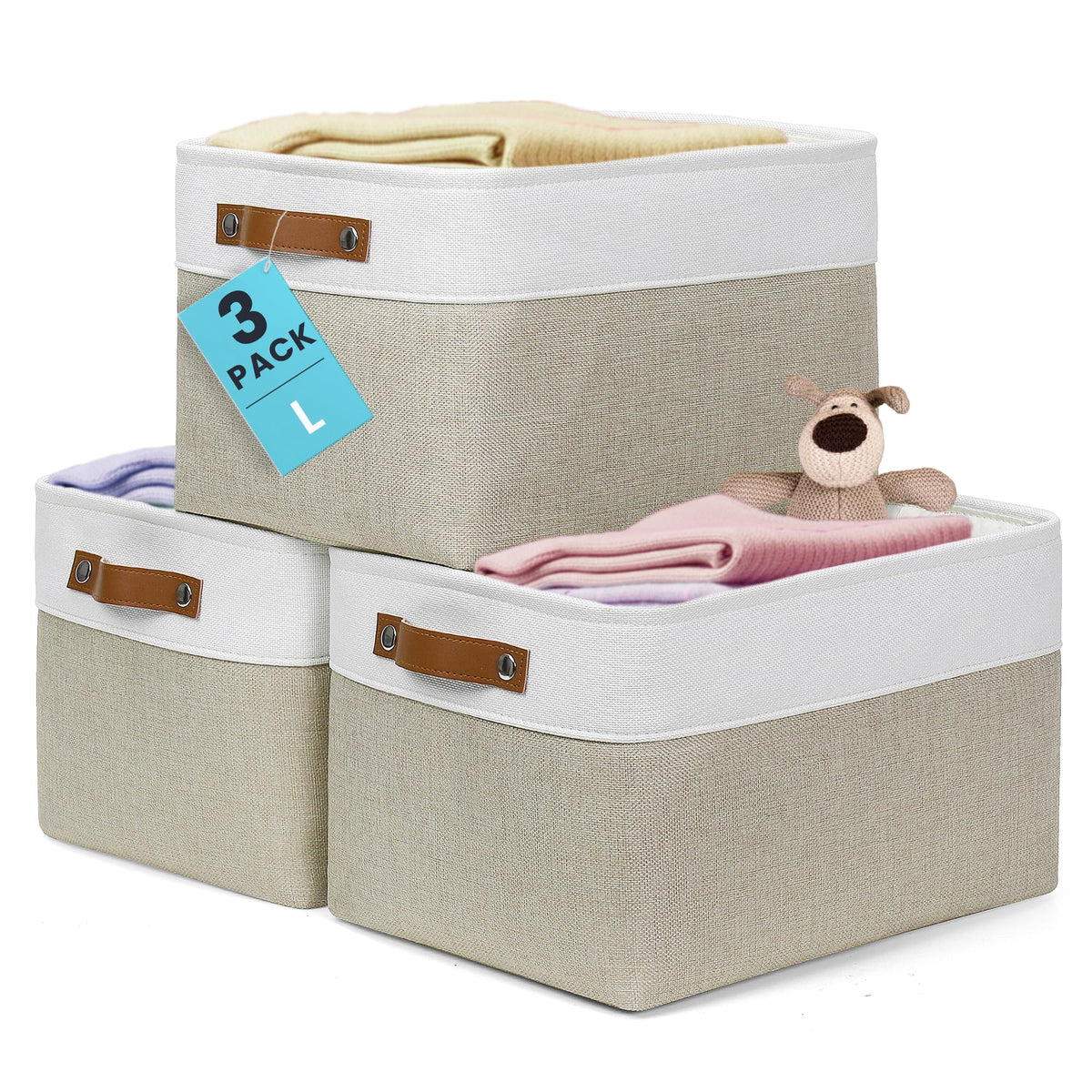 OrganiHaus 16x12.5in Storage Baskets, 3 Pack - Fabric Bins for Shelves
