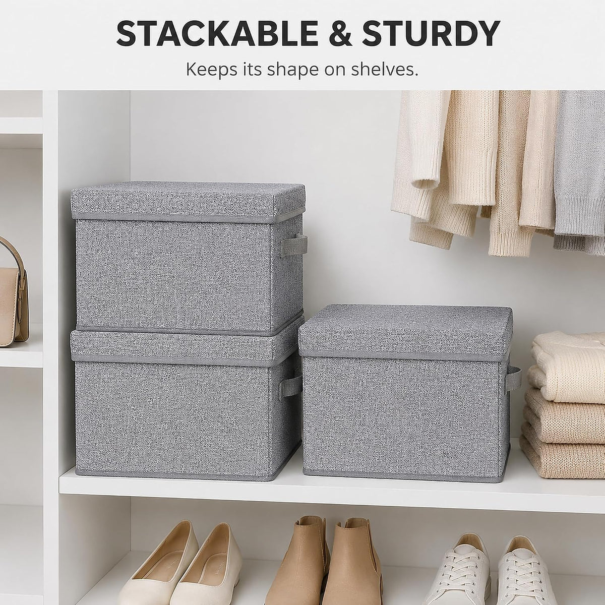 WUIKE Storage Bins with Lids, Decorative Boxes, Ash Gray, Large, 3-Pack