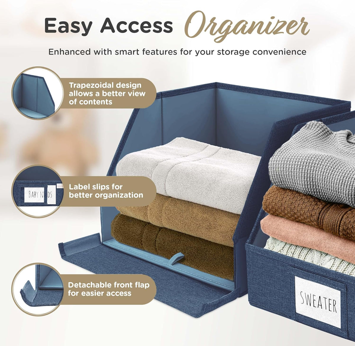 VIVIDECOR Open Front Trapezoid Closet Bins, Closet Storage Organizer for Shelves, Navy Blue