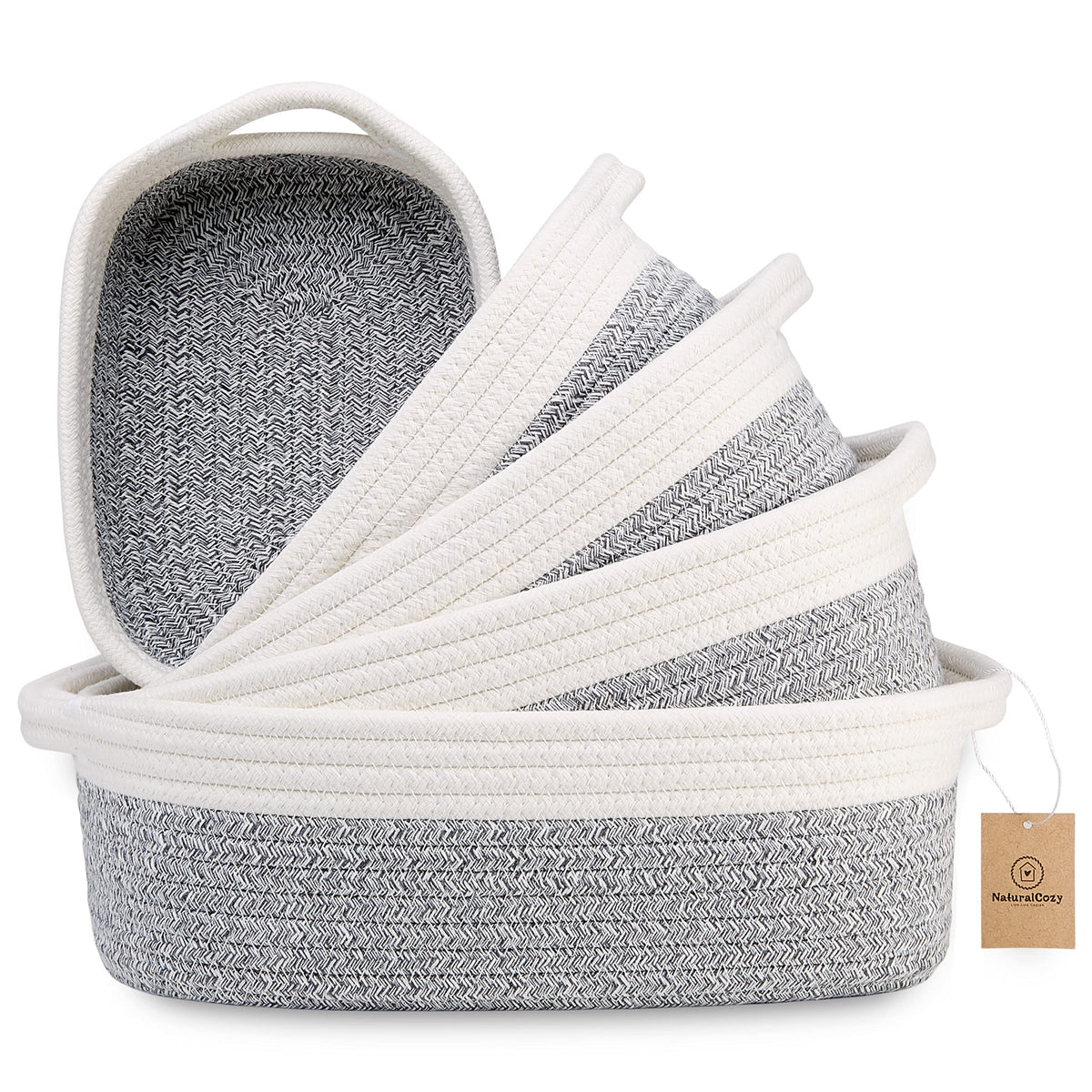 NaturalCozy 5-Piece Rectangle Storage Basket Set- Natural Cotton Rope Woven for Organizing! Small Basket for Montessori, Baby Nursery, Dog Toy Baskets, Cat Toy Box, Bathroom Organization Bin