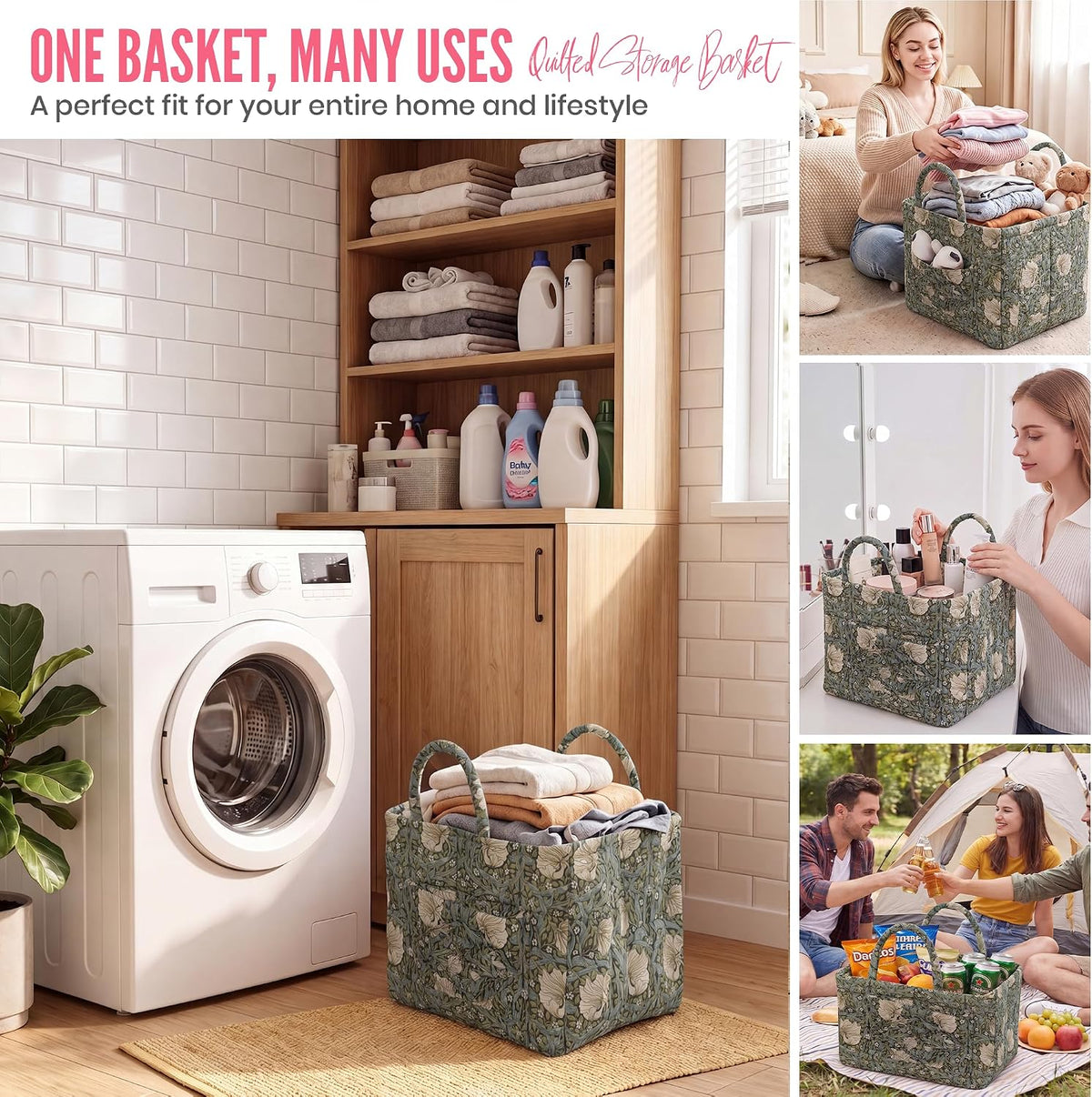 Quilted Laundry Basket with Handles, 1.2cm Thick Padded Fabric Car Storage Basket for Organizing Clothes, Boho Floral Collapsible Home Storage Hamper, 13x10x10.6 Inches (4 Color Options)