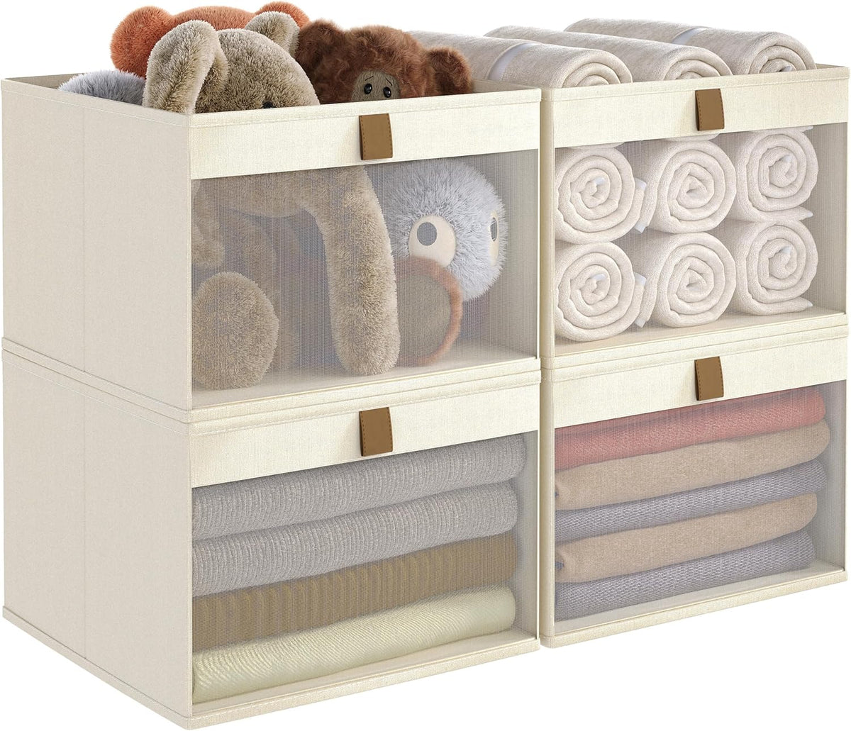 Linen Closet Organizers and Storage, Closet Storage Bins Basket Organizer, Foldable Organization Baskets with Mesh Window for Clothes Towels and Toys, 12.75" x 12.75" x 9", Beige, 4 pack