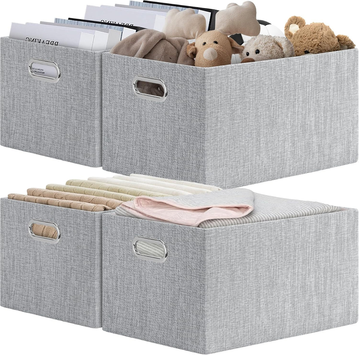 Posprica Closet Organizers and Storage, 4 Pack Large Linen Storage Bins, Decorative Shelf Storage Baskets for Organizing, Foldable Fabric Storage Box for Clothes, 15x10.5x8.25 Inch(Grey)