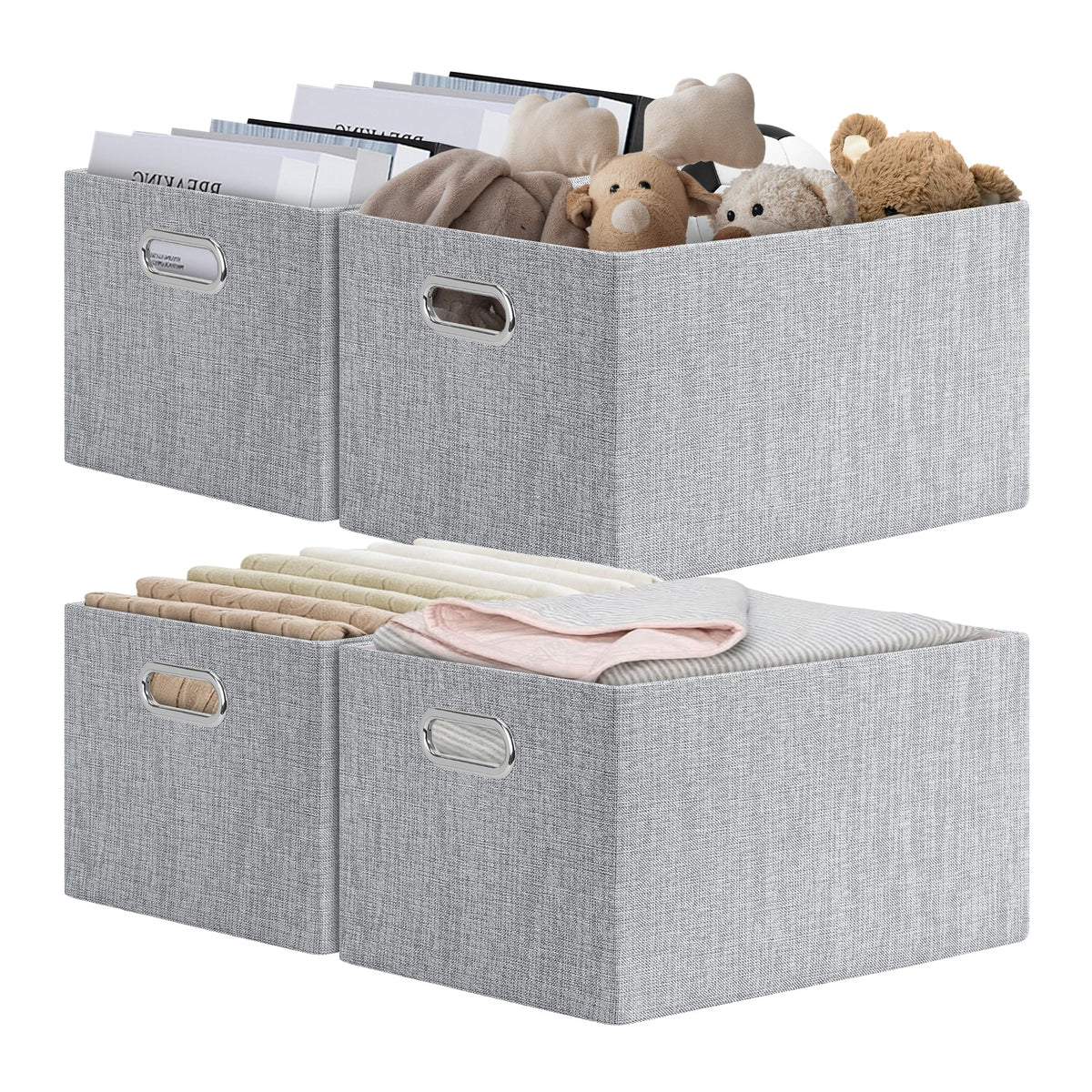 Posprica Closet Organizers and Storage, 4 Pack Large Linen Storage Bins, Decorative Shelf Storage Baskets for Organizing, Foldable Fabric Storage Box for Clothes, 15x10.5x8.25 Inch(Grey)