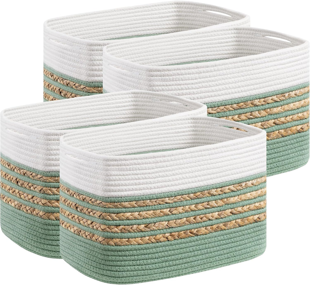 UBBCARE 4 Pack Baskets for Organizing, Woven Storage Baskets for Toys and Towel, Rectangle Cotton Rope Basket with Handles, 14''L x 8''W x9''H, Green