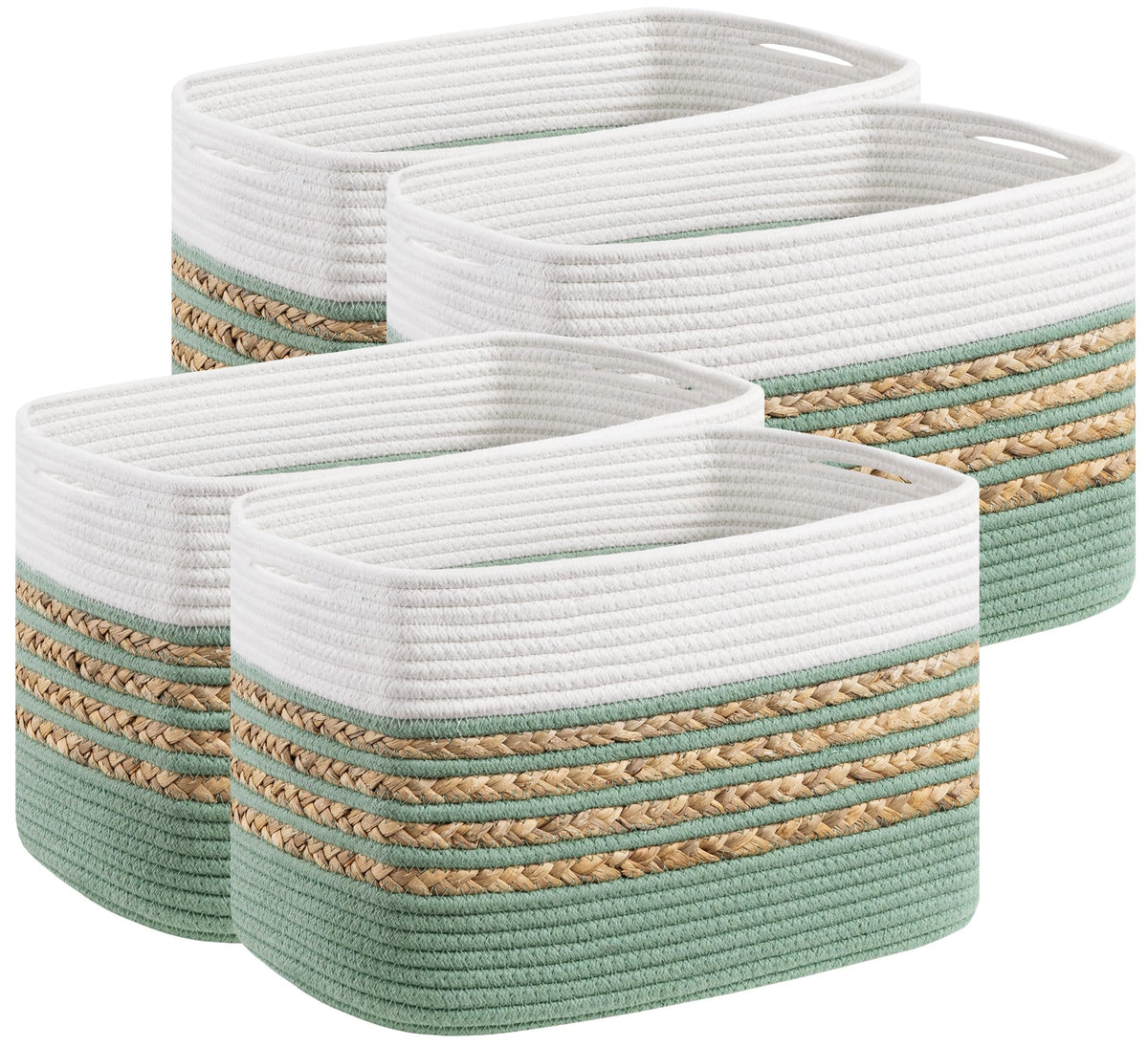 UBBCARE 4 Pack Baskets for Organizing, Woven Storage Baskets for Toys and Towel, Rectangle Cotton Rope Basket with Handles, 14''L x 8''W x9''H, Green