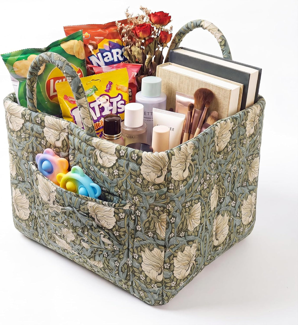 Quilted Laundry Basket with Handles, 1.2cm Thick Padded Fabric Car Storage Basket for Organizing Clothes, Boho Floral Collapsible Home Storage Hamper, 13x10x10.6 Inches (4 Color Options)