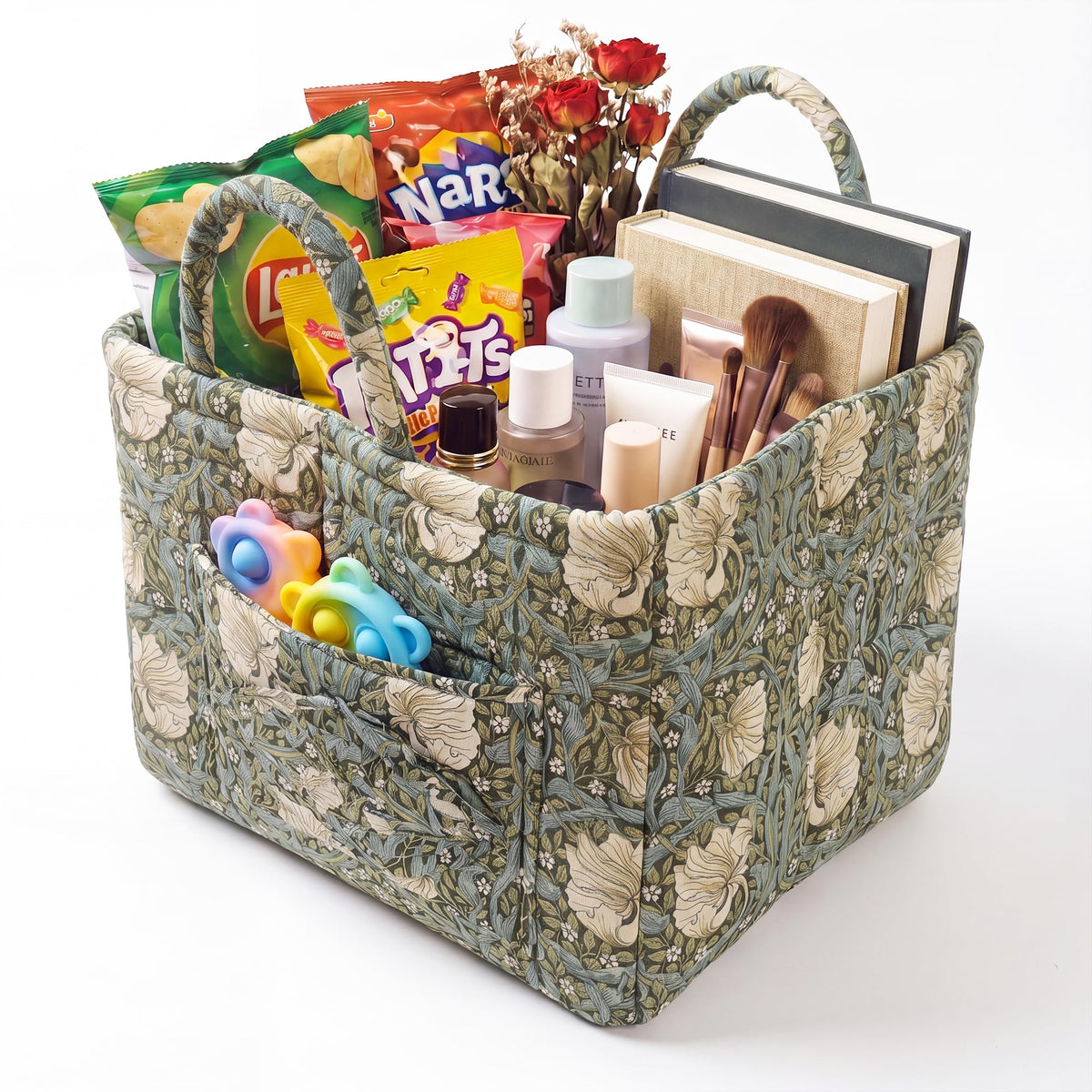 Quilted Laundry Basket with Handles, 1.2cm Thick Padded Fabric Car Storage Basket for Organizing Clothes, Boho Floral Collapsible Home Storage Hamper, 13x10x10.6 Inches (4 Color Options)