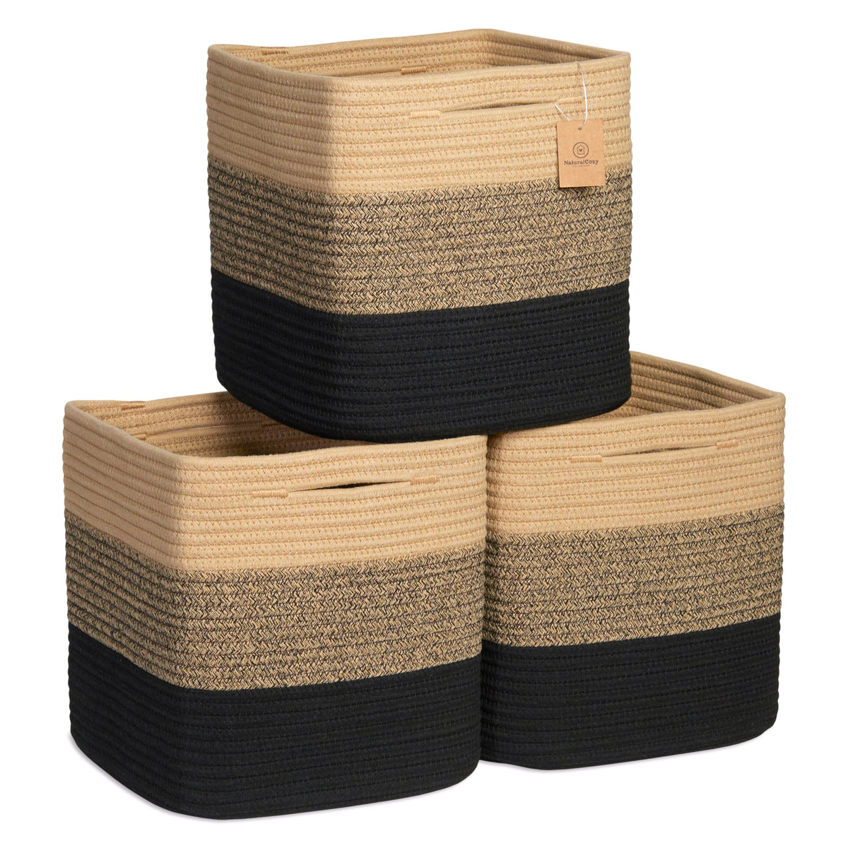 NaturalCozy Storage Cubes 11 Inch Cotton Rope Woven Baskets for Organizing, 3-Pack | Cube Bin Square Shelves Organizer, Classroom, Kids Toy Bins, Closet, Baby Nursery