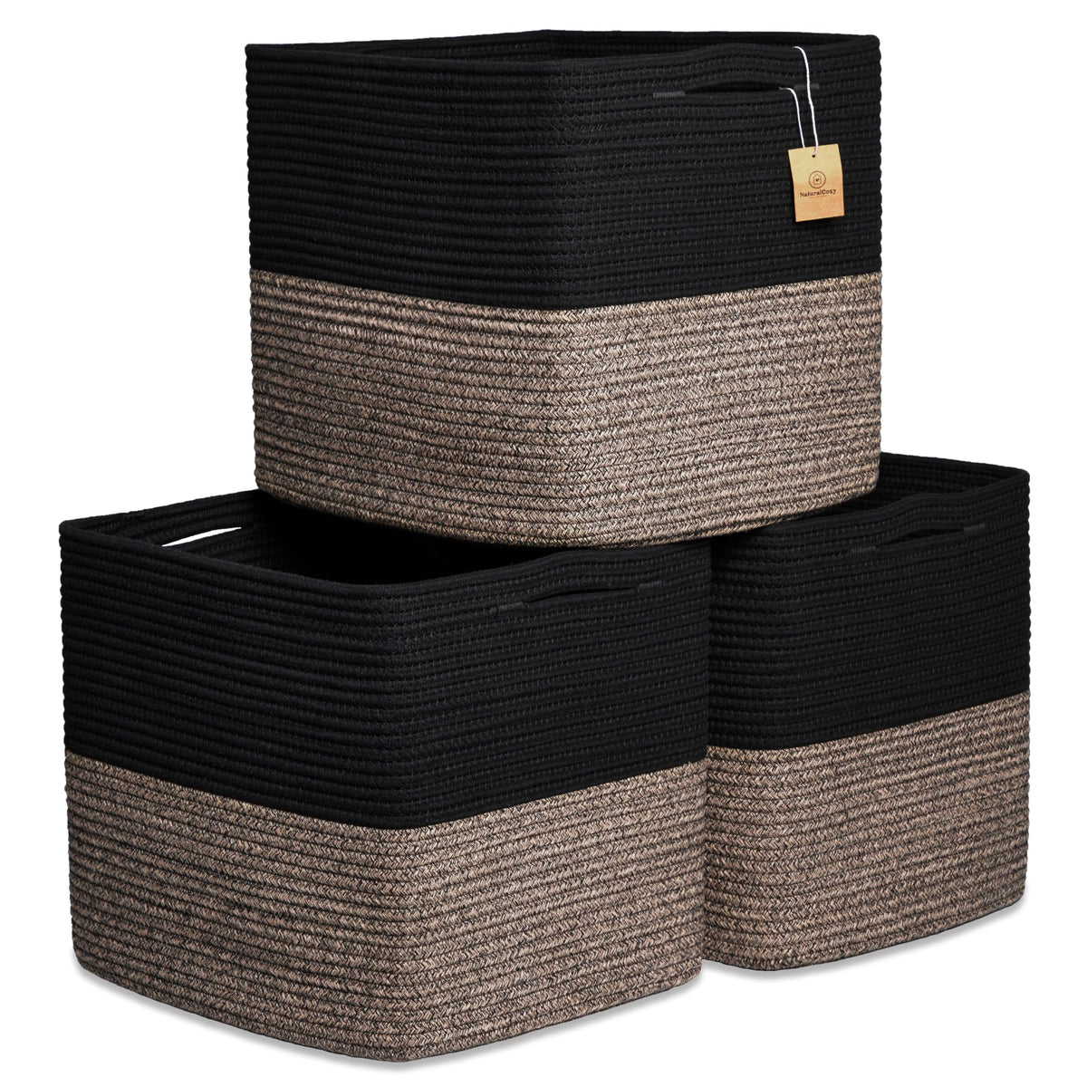 NaturalCozy 13 Inch Cube Storage Bins Cotton Rope Woven Baskets for Organizing 3-Pack | 13 x 13 Storage Cubes | Fabric Square Storage Baskets for Shelves Organizer, Kids Toy Bins, Closet Baby Nursery