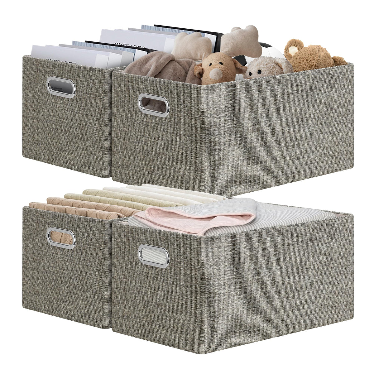 Posprica Closet Organizers and Storage, 4 Pack Large Linen Storage Bins, Decorative Shelf Storage Baskets for Organizing, Foldable Fabric Storage Box for Clothes, 15x10.5x8.25 Inch(Grey)