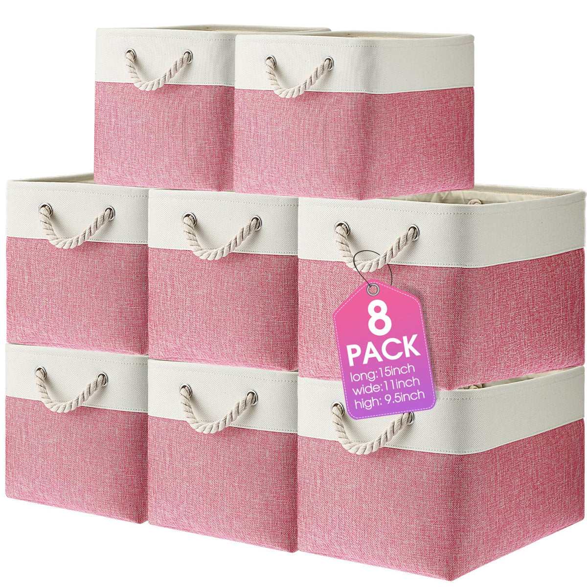 meekoo 8 Pack Fabric Storage Bins Baskets, 15 x 11 x 9.5 in, Gray White