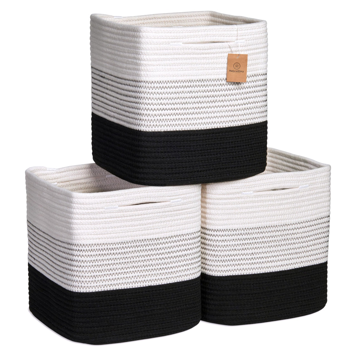NaturalCozy Storage Cubes 11 Inch Cotton Rope Woven Baskets for Organizing, 3-Pack | Cube Bin Square Shelves Organizer, Classroom, Kids Toy Bins, Closet, Baby Nursery