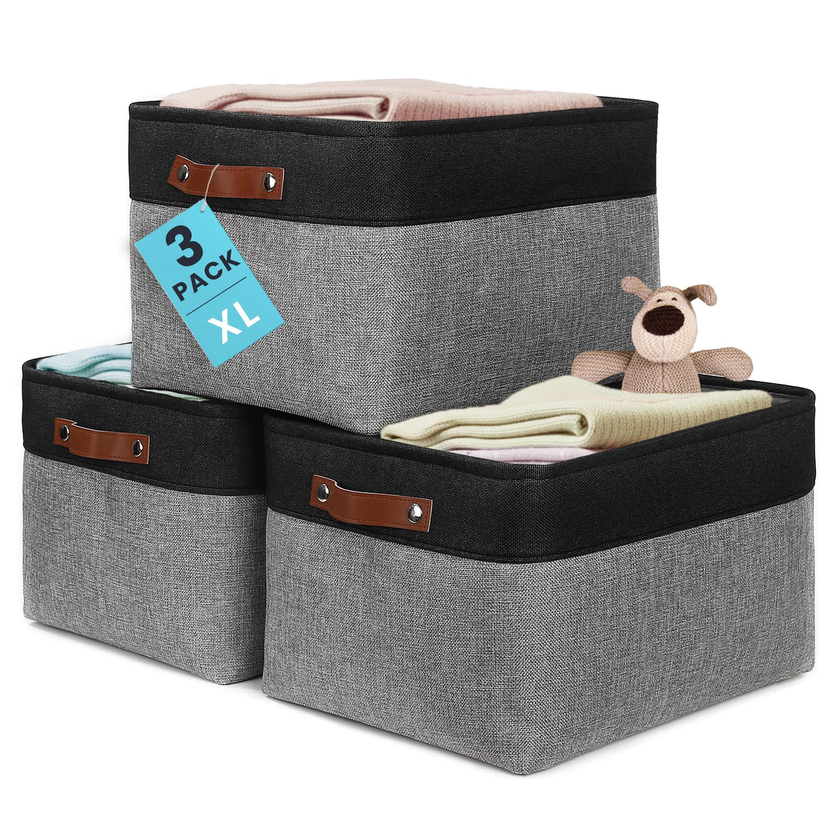 OrganiHaus 16x12.5in Storage Baskets, 3 Pack - Fabric Bins for Shelves