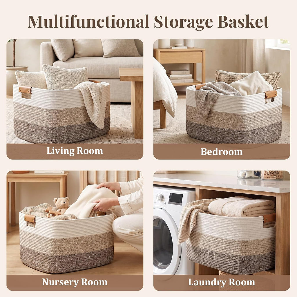danpinera Blanket Basket, 72L Woven Storage basket with Leather Handle, Eco-friendly Decorative Storage Organization in Bathroom & Living Room for Towels 22 ''*17 ''*11.8 '', Gradient Brown
