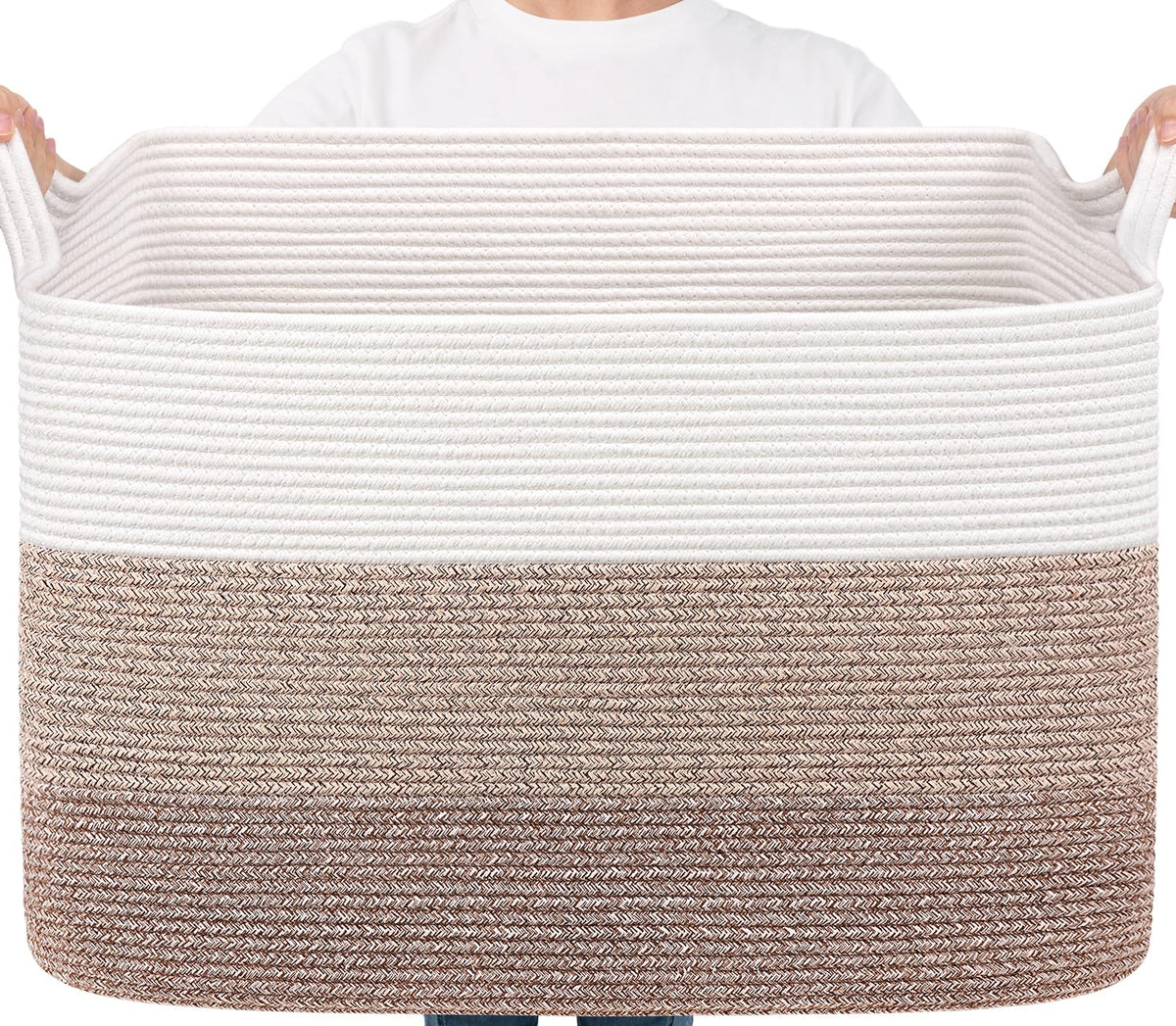 Goodpick Large Woven Rope Blanket Basket, Rectangle, White & Light Brown