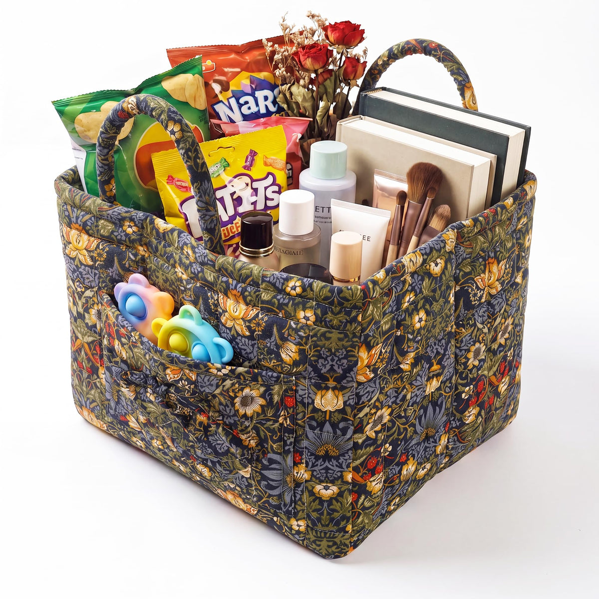 Quilted Laundry Basket with Handles, 1.2cm Thick Padded Fabric Car Storage Basket for Organizing Clothes, Boho Floral Collapsible Home Storage Hamper, 13x10x10.6 Inches (4 Color Options)