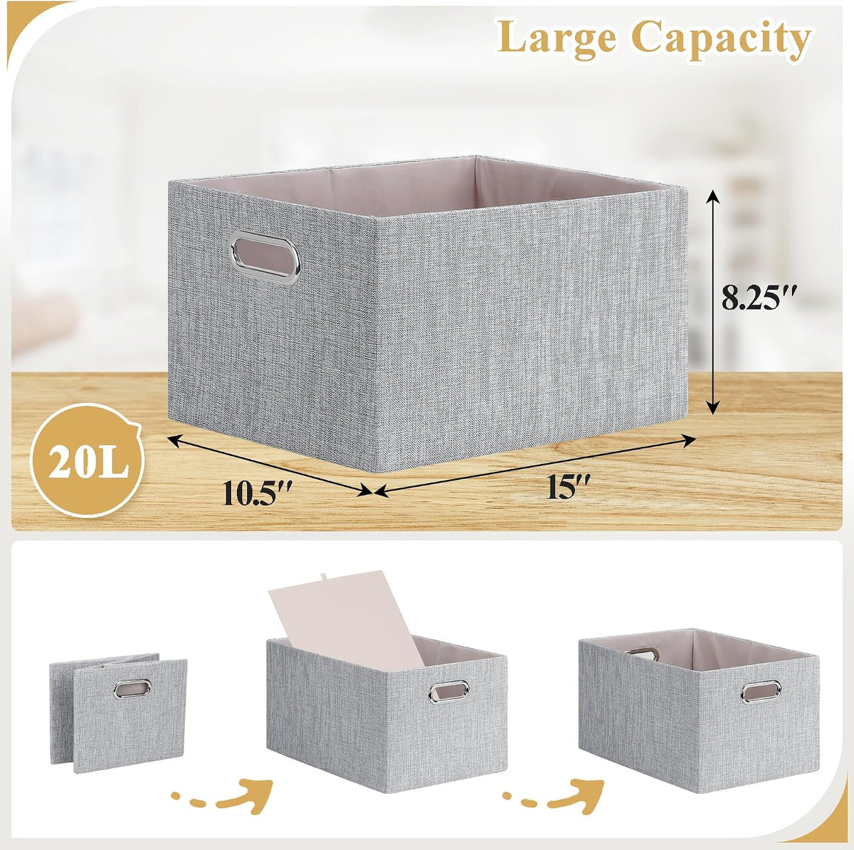 Posprica Closet Organizers and Storage, 4 Pack Large Linen Storage Bins, Decorative Shelf Storage Baskets for Organizing, Foldable Fabric Storage Box for Clothes, 15x10.5x8.25 Inch(Grey)