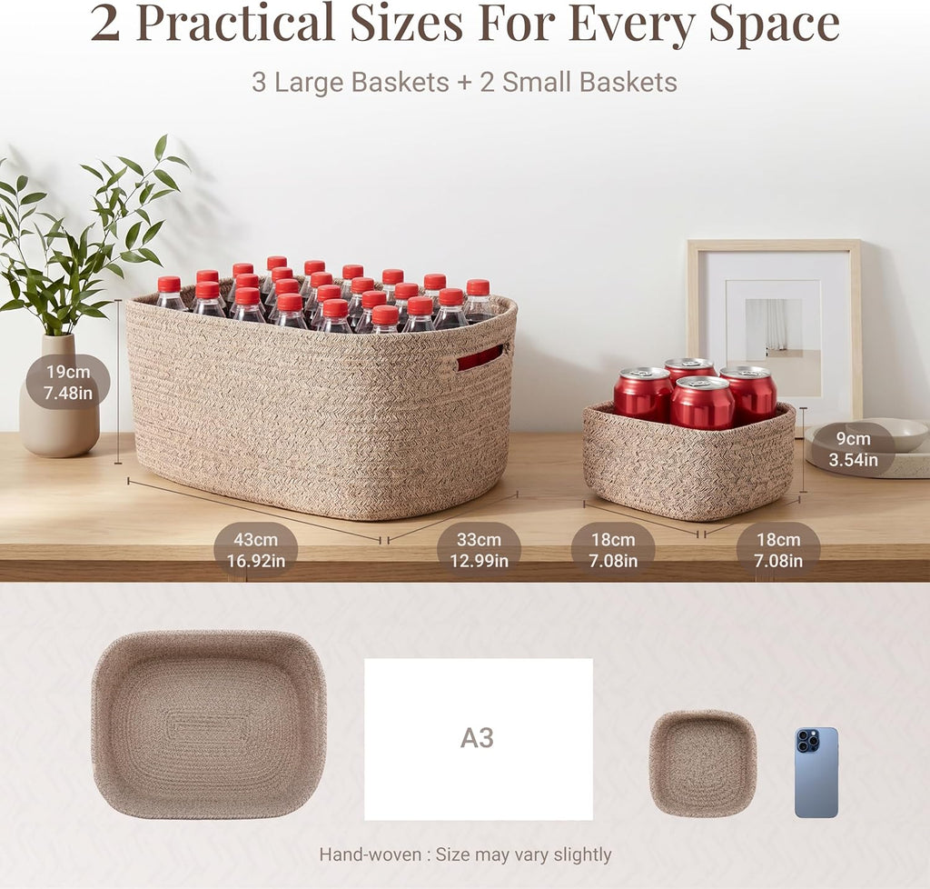 5 Pack Storage Baskets for Shelves, 17"x13"x7.5" & 7"x7"x3.5"