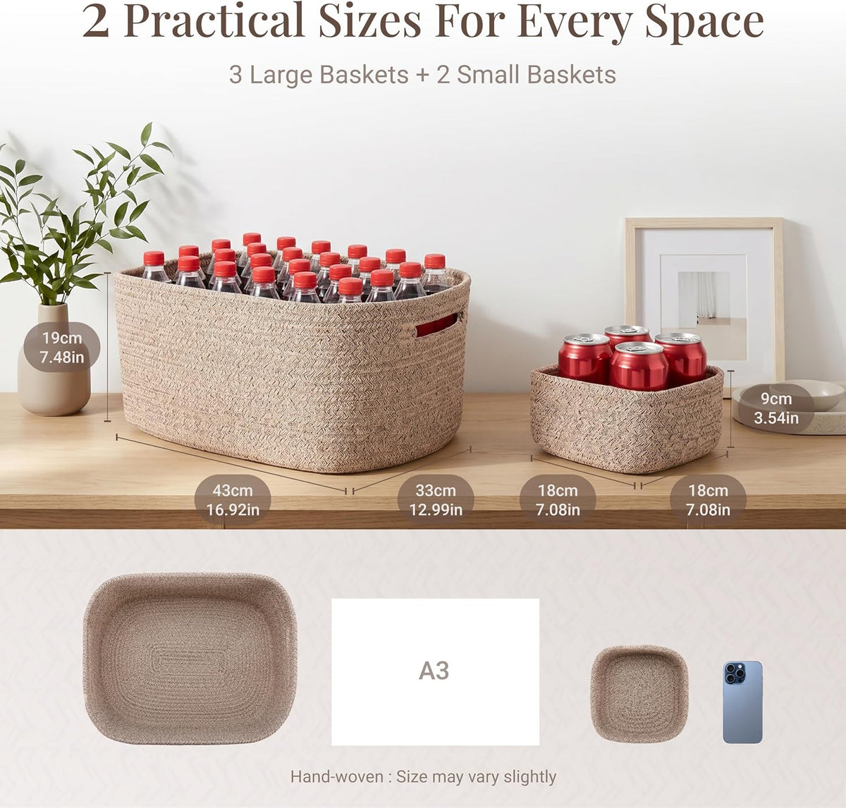 5 Pack Storage Baskets for Shelves, 17"x13"x7.5" & 7"x7"x3.5"