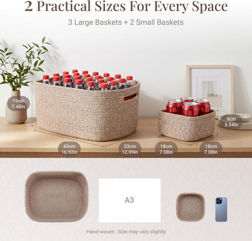 5 Pack Storage Baskets for Shelves, 17"x13"x7.5" & 7"x7"x3.5"