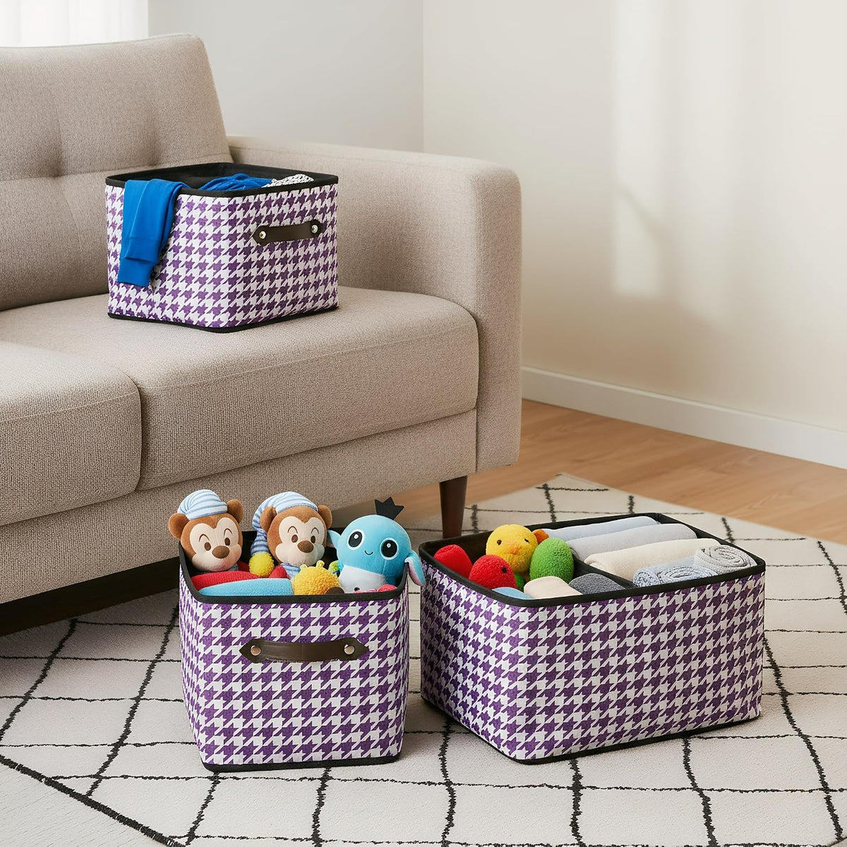 1 Pack Large Collapsible Storage Baskets for Shelves,14.9"x9.5" Fabric Closet storage Boxes with Leather Handles,Decorative Organizers Storage Bins for Clothes,Sheets,Books,(Purple Houndstooth