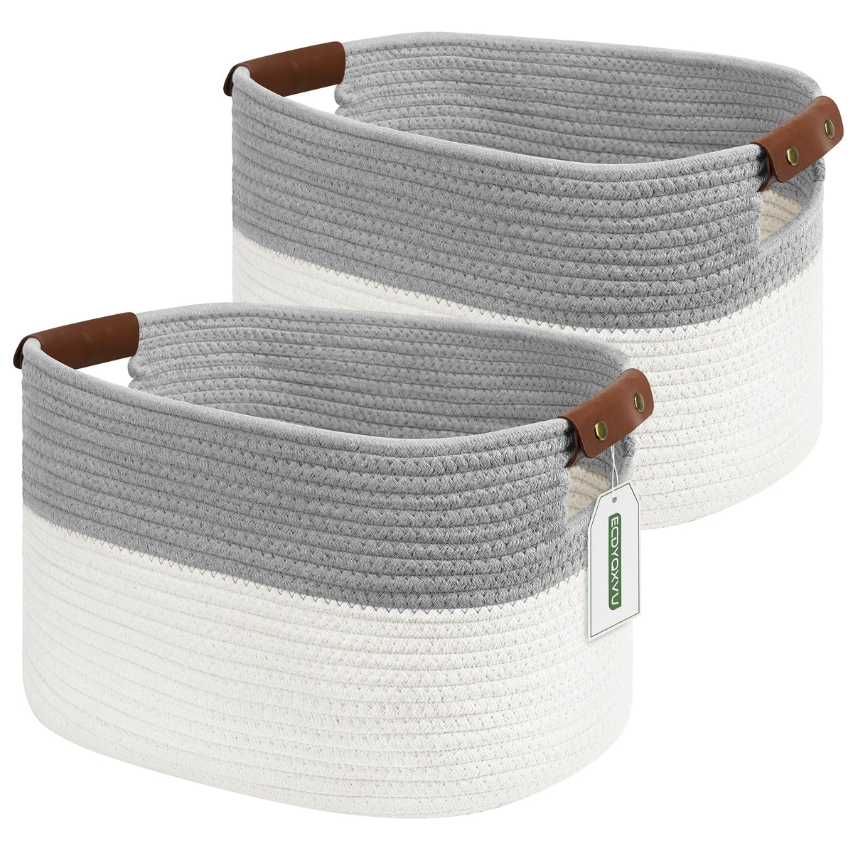 ECDYQXVU 15x10x9 Woven Cotton Rope Storage Basket, Leather Handles 1 Pack