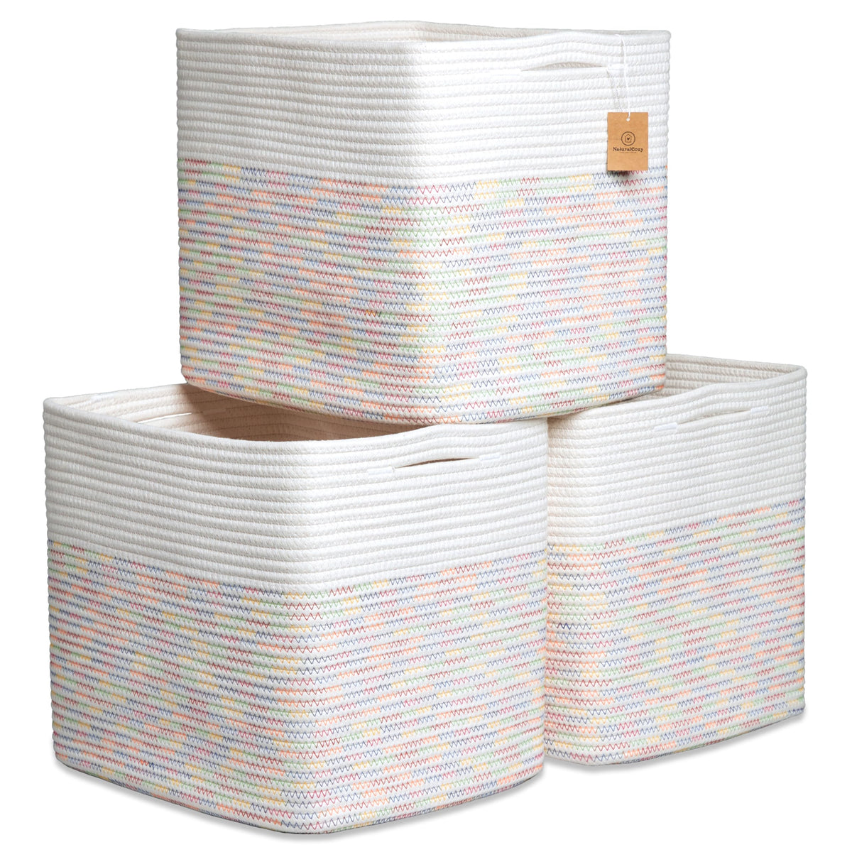 NaturalCozy 13x15x13 Kallax Storage Cubes Bins, 3 Pack | Cotton Rope Cube Storage Bin Woven Baskets for Organizing | Kallax Insert Storage Baskets for Shelves Organizer, Kids Toy, Closet Baby Nursery