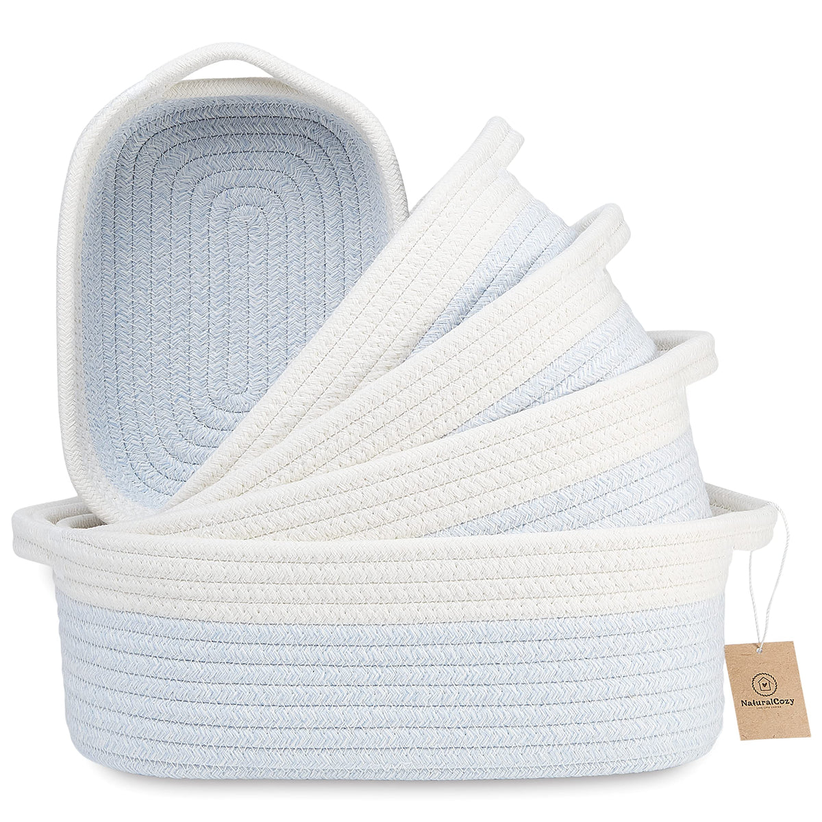 NaturalCozy 5-Piece Rectangle Storage Basket Set- Natural Cotton Rope Woven for Organizing! Small Basket for Montessori, Baby Nursery, Dog Toy Baskets, Cat Toy Box, Bathroom Organization Bin