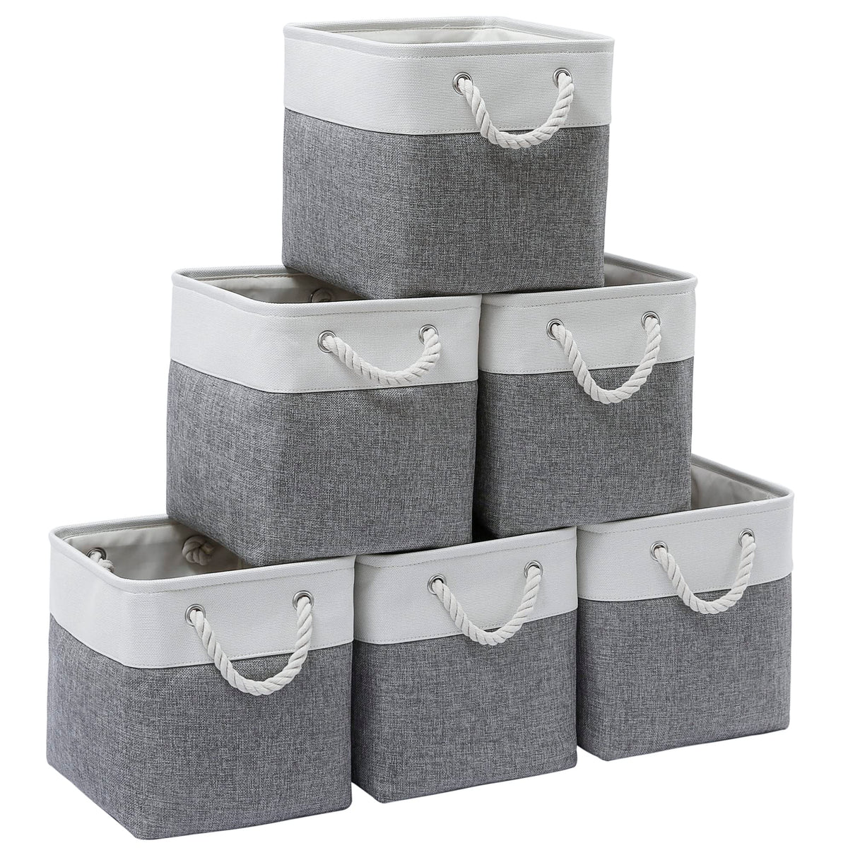 MidmmVick 11 x 11 Inch Cube Storage Bins, 6 Pack Large Collapsible Fabric Storage Bin with Ropes, Foldable Storage Cubes for Home, Office,Closet, Clothes, Toys Organizer (White & Beige-11"x11"x11")