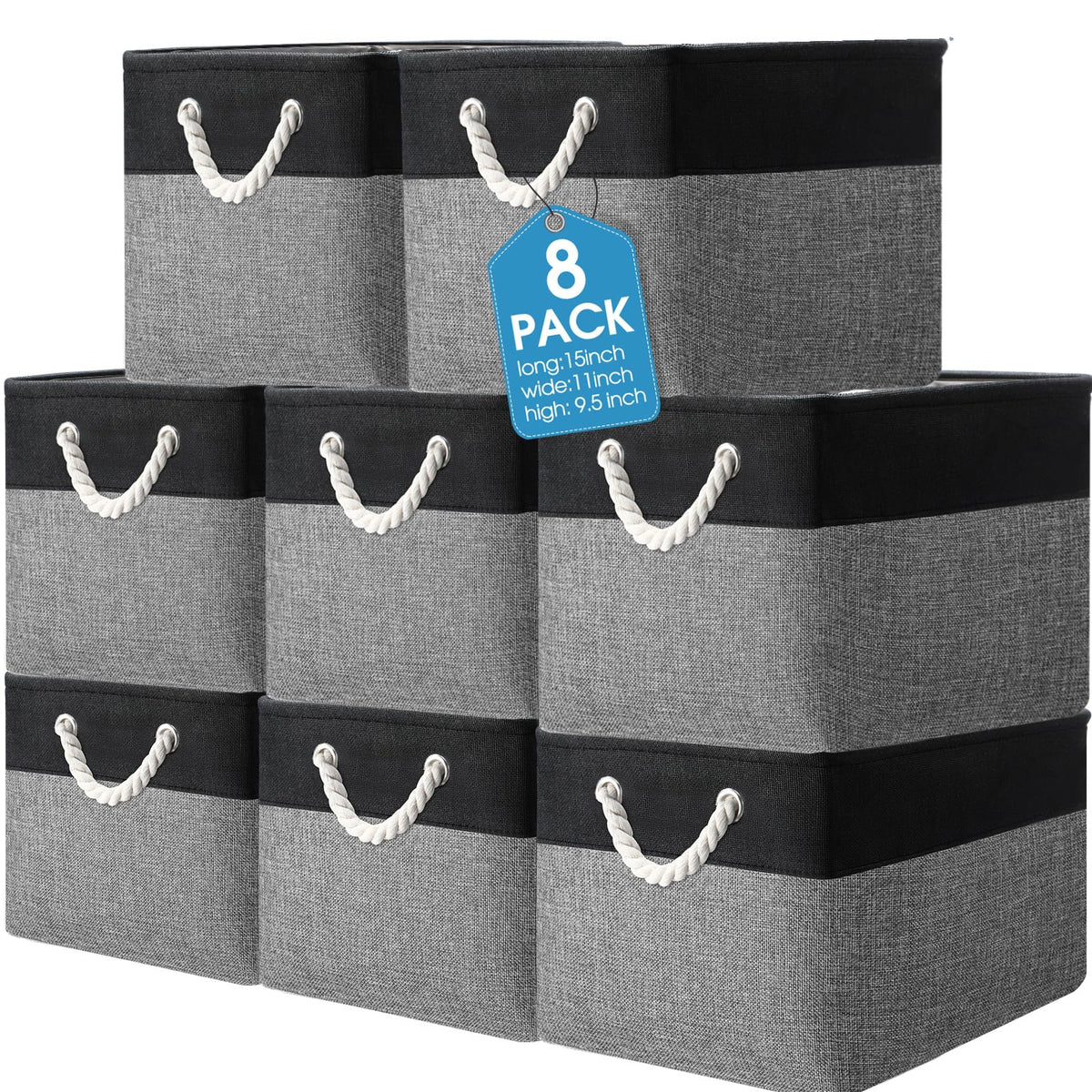 meekoo 8 Pack Fabric Storage Bins Baskets, 15 x 11 x 9.5 in, Gray White