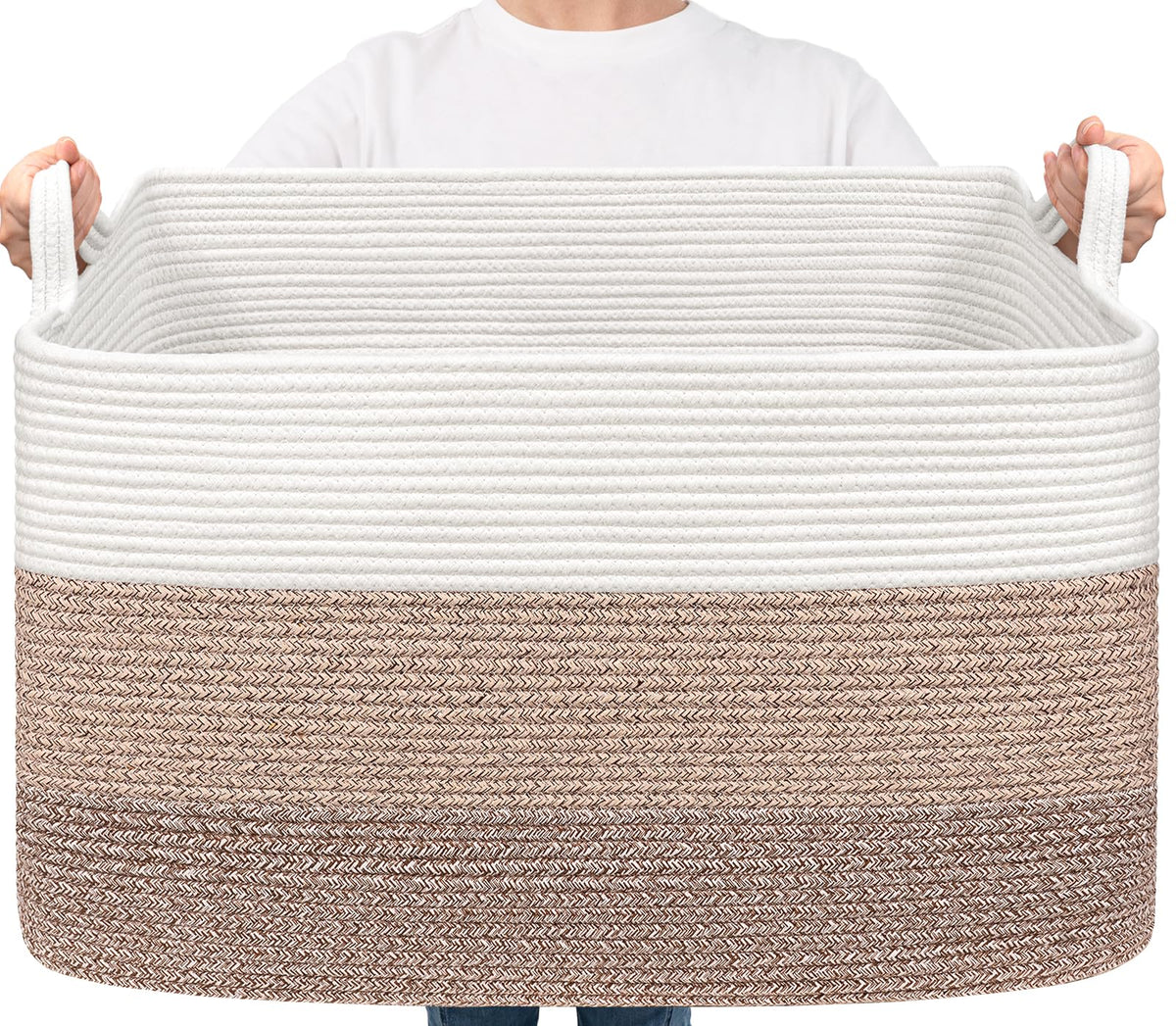 Goodpick Large Woven Rope Blanket Basket, Rectangle, White & Light Brown