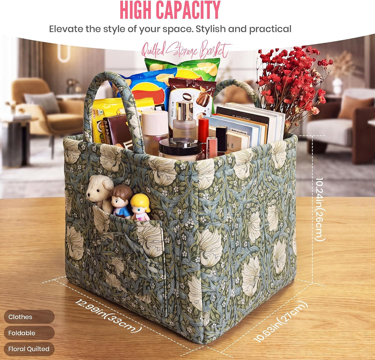 Quilted Laundry Basket with Handles, 1.2cm Thick Padded Fabric Car Storage Basket for Organizing Clothes, Boho Floral Collapsible Home Storage Hamper, 13x10x10.6 Inches (4 Color Options)