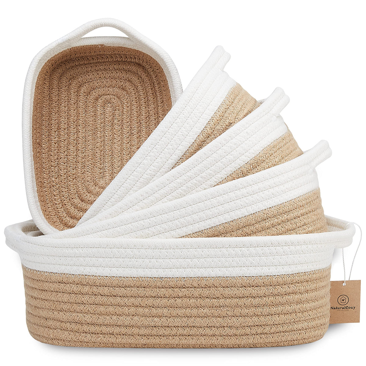 NaturalCozy 5-Piece Rectangle Storage Basket Set- Natural Cotton Rope Woven for Organizing! Small Basket for Montessori, Baby Nursery, Dog Toy Baskets, Cat Toy Box, Bathroom Organization Bin