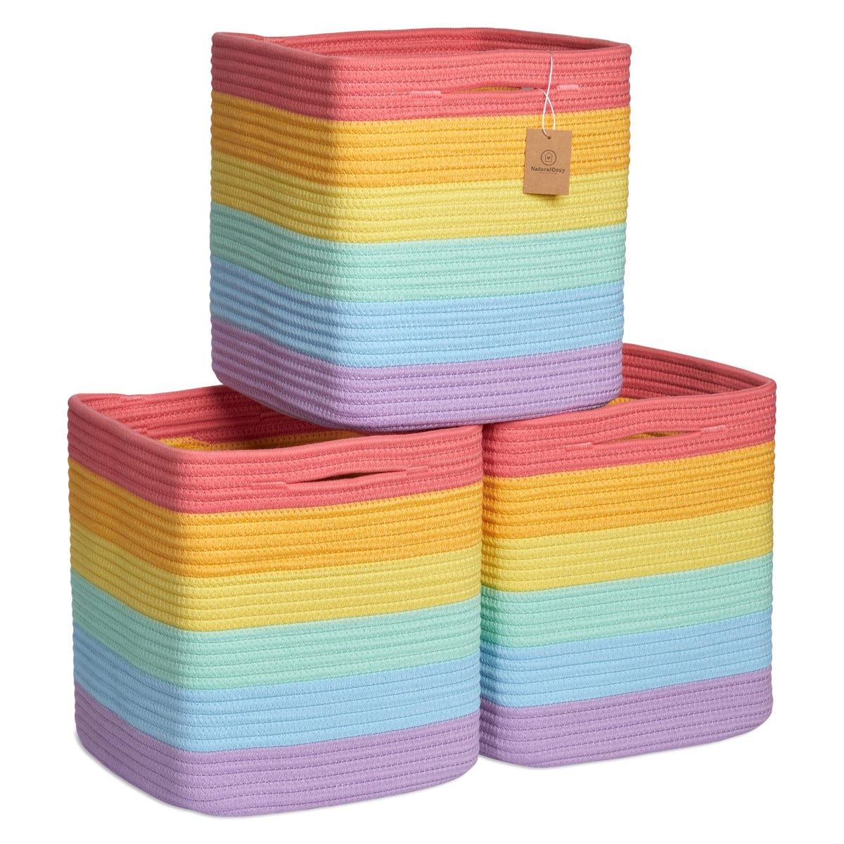 NaturalCozy Storage Cubes 11 Inch Cotton Rope Woven Baskets for Organizing, 3-Pack | Cube Bin Square Shelves Organizer, Classroom, Kids Toy Bins, Closet, Baby Nursery