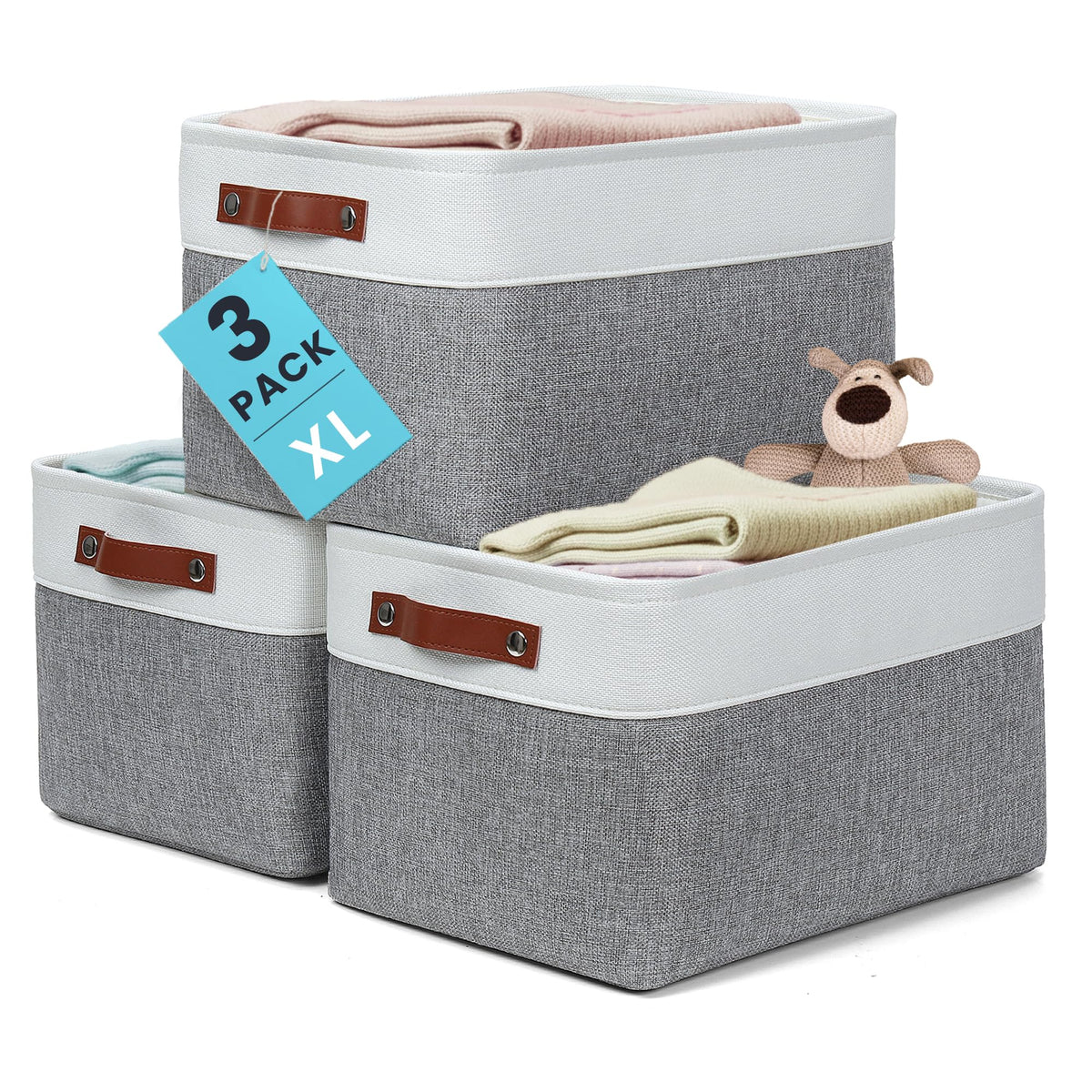 OrganiHaus 16x12.5in Storage Baskets, 3 Pack - Fabric Bins for Shelves