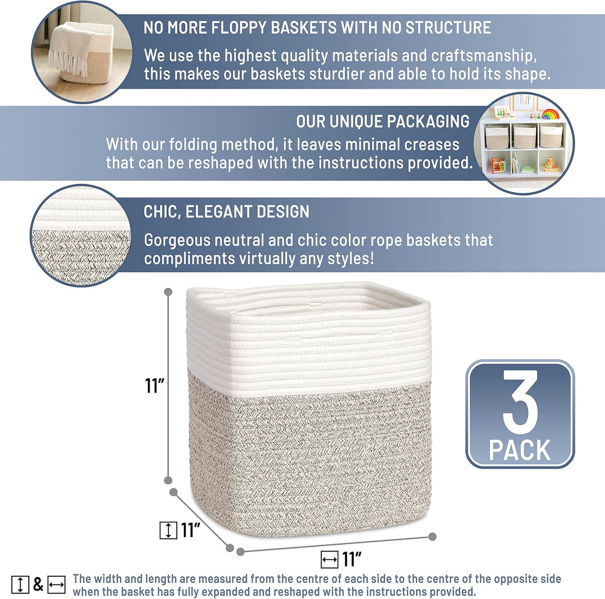 NaturalCozy Storage Cubes 11 Inch Cotton Rope Woven Baskets for Organizing, 3-Pack | Cube Bin Square Shelves Organizer, Classroom, Kids Toy Bins, Closet, Baby Nursery