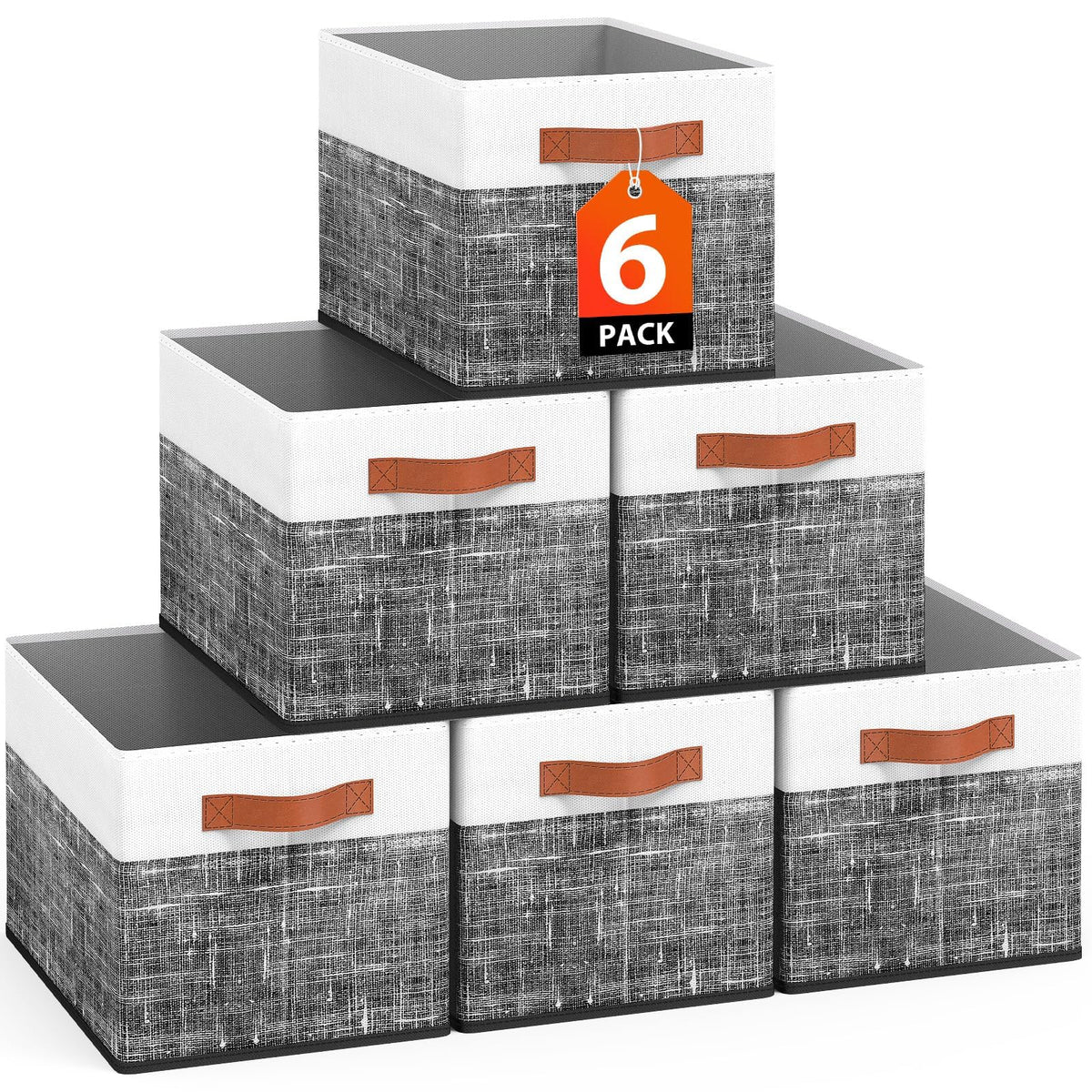 Fab totes Collapsible Storage Baskets for Shelves,14"x10", 4 Pack Foldable Fabric Storage Bins with Double Leather Handles, Large Baskets for Organizing Books, Clothes, White & Grey