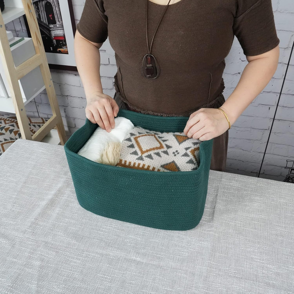 XUANGUO Woven Cotton Rope Storage Baskets 15x10x9.3" 3 Pack Dark Green