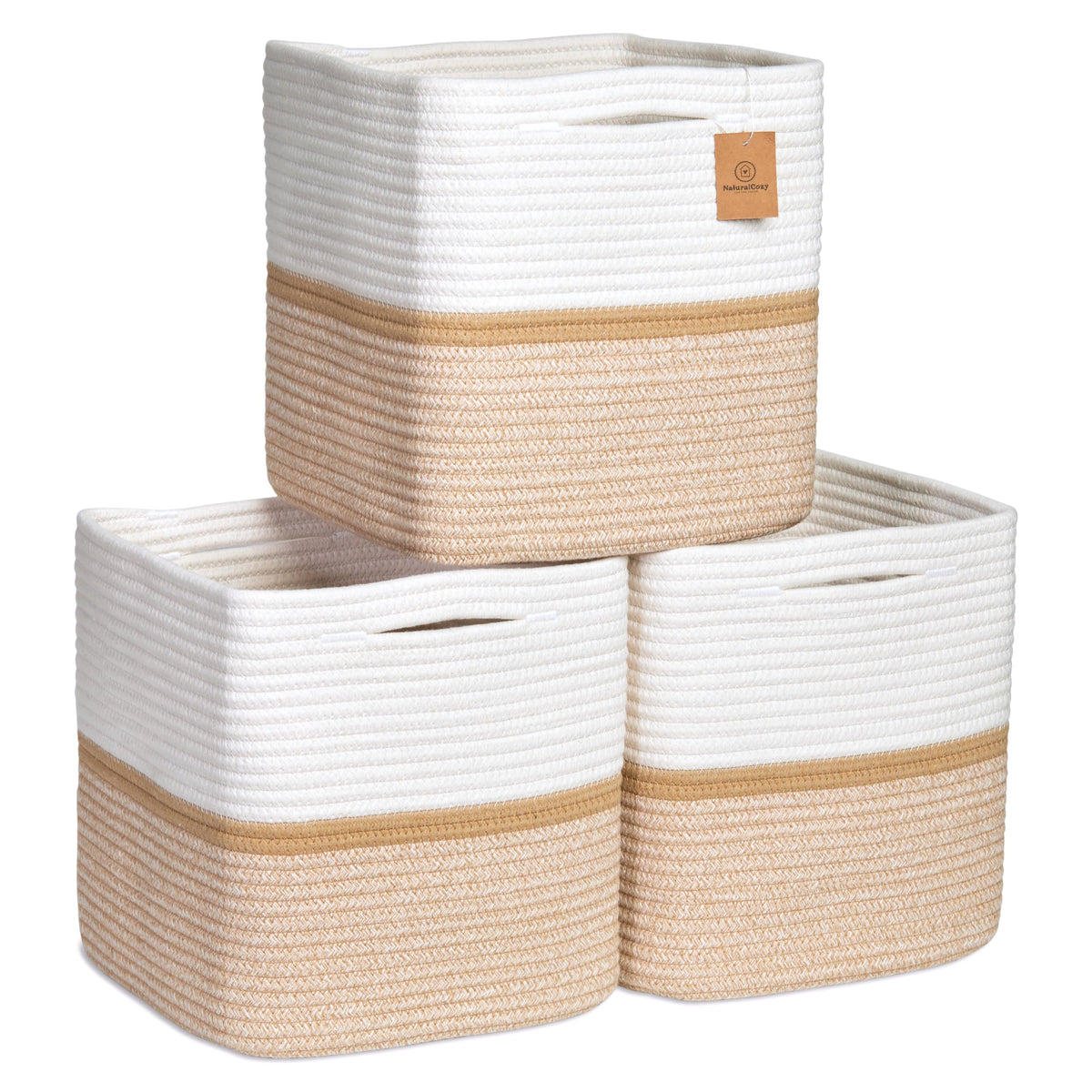 NaturalCozy Storage Cubes 11 Inch Cotton Rope Woven Baskets for Organizing, 3-Pack | Cube Bin Square Shelves Organizer, Classroom, Kids Toy Bins, Closet, Baby Nursery