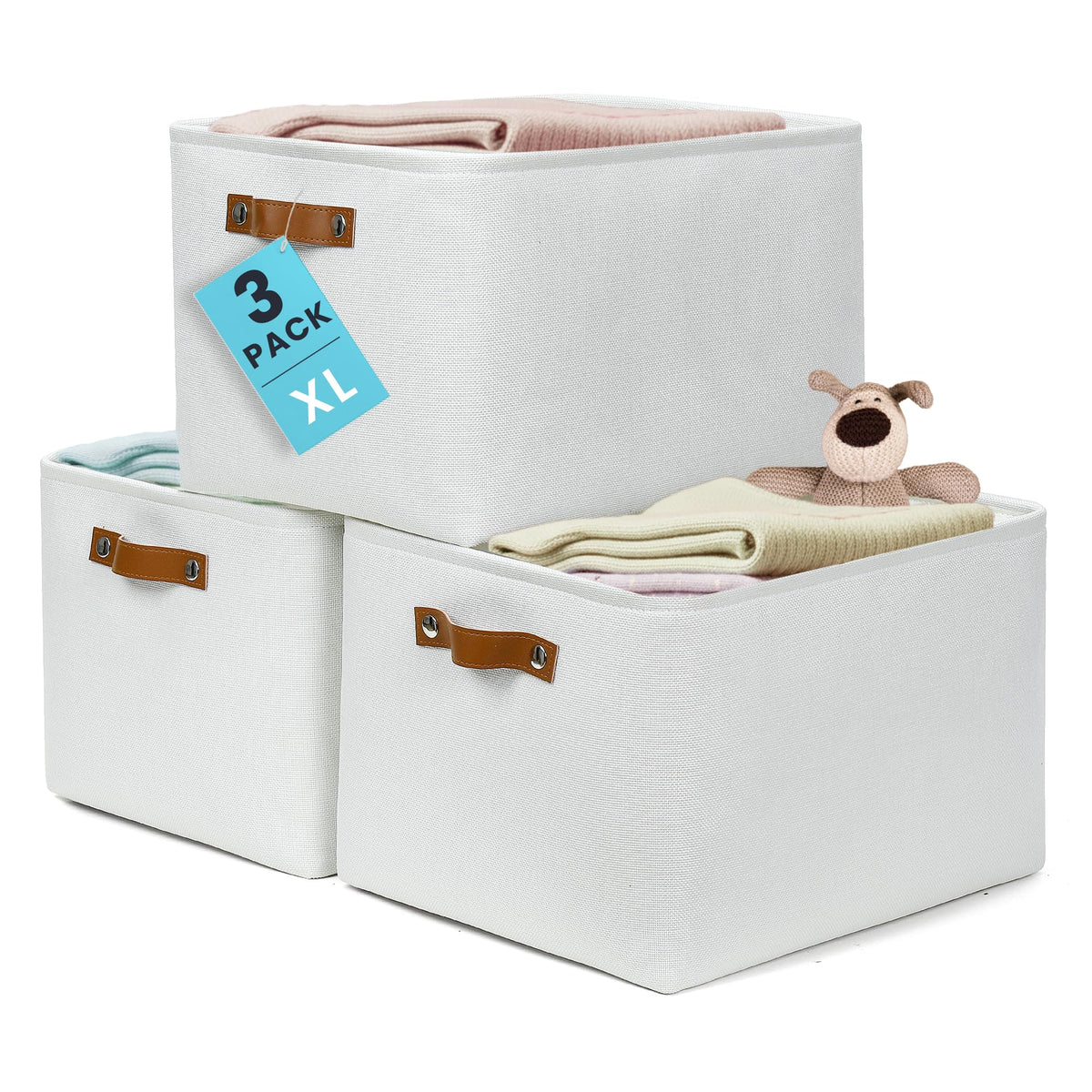 OrganiHaus 16x12.5in Storage Baskets, 3 Pack - Fabric Bins for Shelves