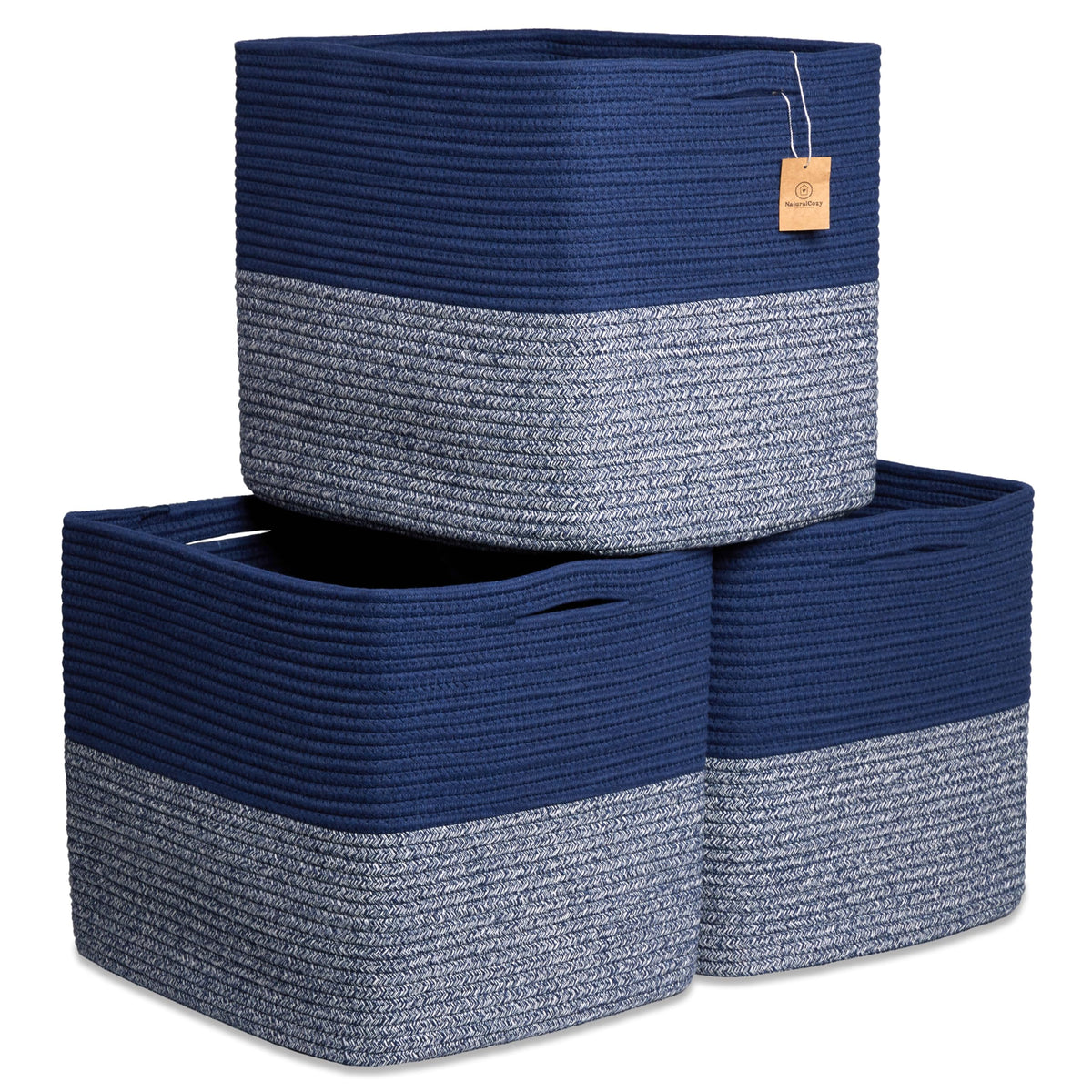NaturalCozy 13x15x13 Kallax Storage Cubes Bins, 3 Pack | Cotton Rope Cube Storage Bin Woven Baskets for Organizing | Kallax Insert Storage Baskets for Shelves Organizer, Kids Toy, Closet Baby Nursery
