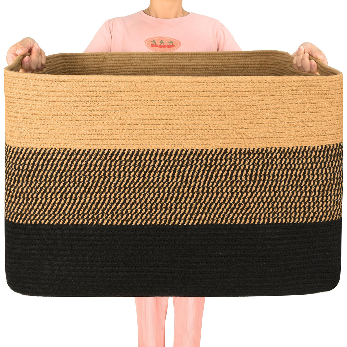 MINTWOOD Design 112L Extra Large Blanket Basket Holder Living Room, 25"x17"x16" Rectangle Rope Woven Storage Basket with Handles for Laundry, Towels, Shoes, Dog Toy Organizer Bin Box, Oatmeal Brown