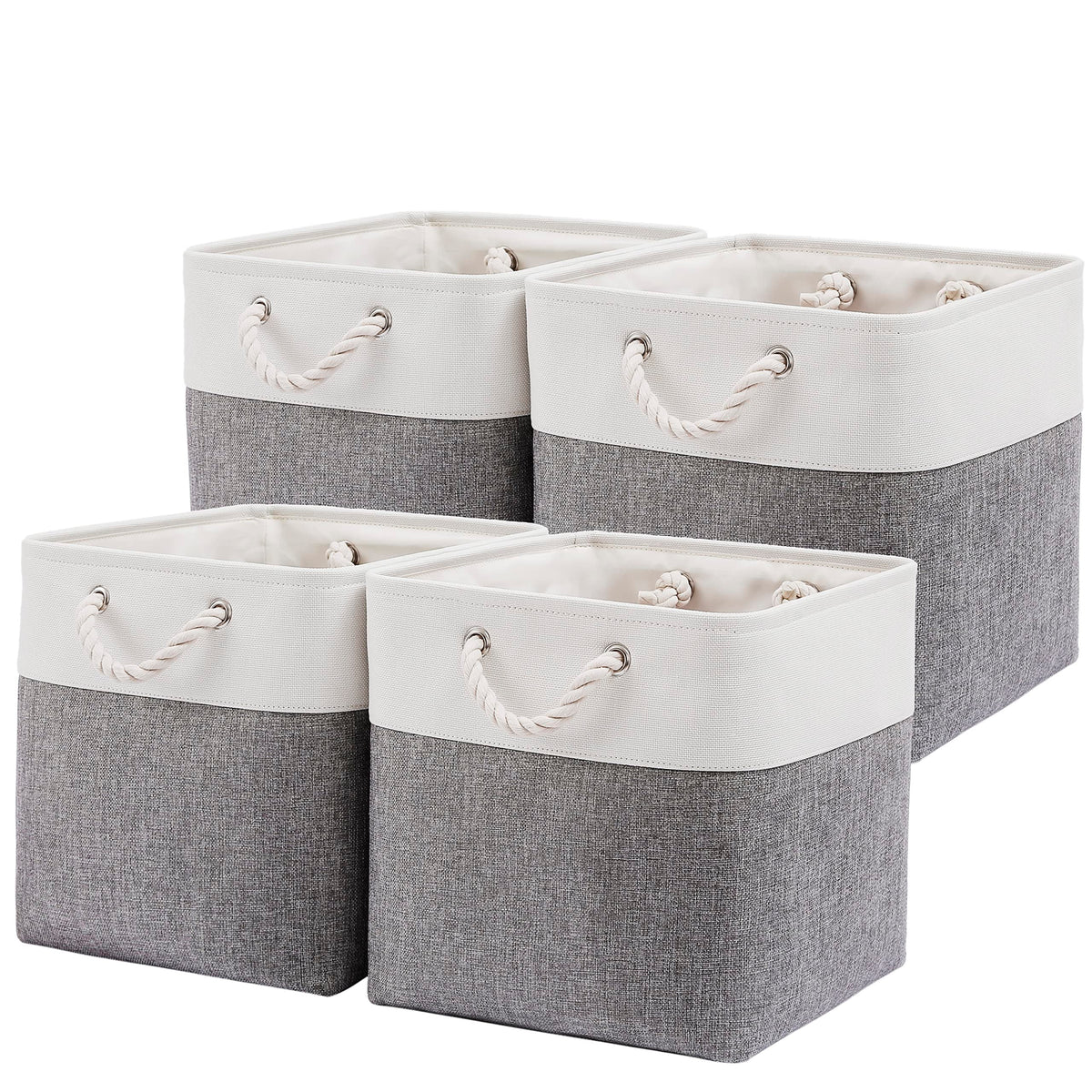 MidmmVick 12 x 12 Inch Cube Storage Bins, 6 Pack Large Collapsible Fabric Storage Bin with Ropes, Foldable Storage Cubes for Home, Office,Closet, Clothes, Toys Organizer (White & Beige)