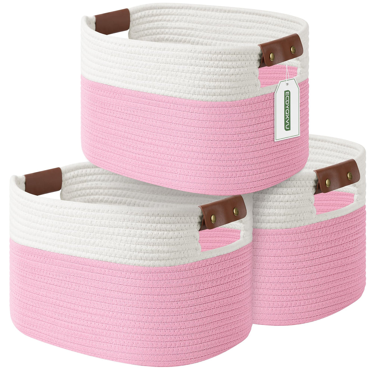 ECDYQXVU 15x10x9 Woven Cotton Rope Storage Basket, Leather Handles 1 Pack
